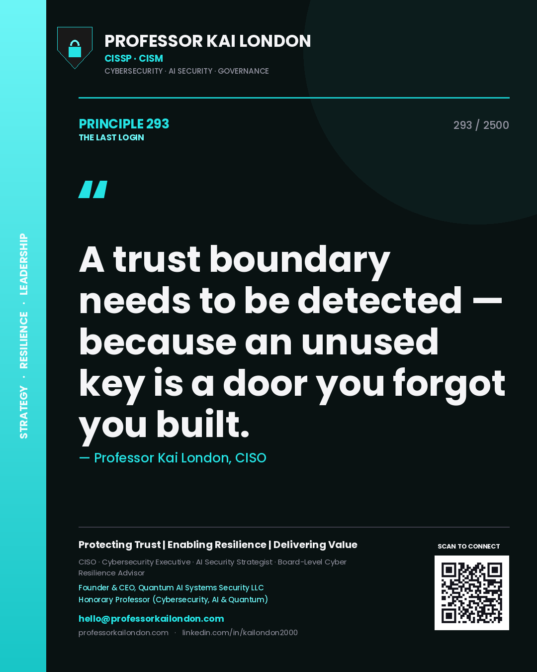 Quote card by Professor Kai London reading 'A trust boundary needs to be detected — because an unused key is a door you forgot you built.'. From the book The Last Login.