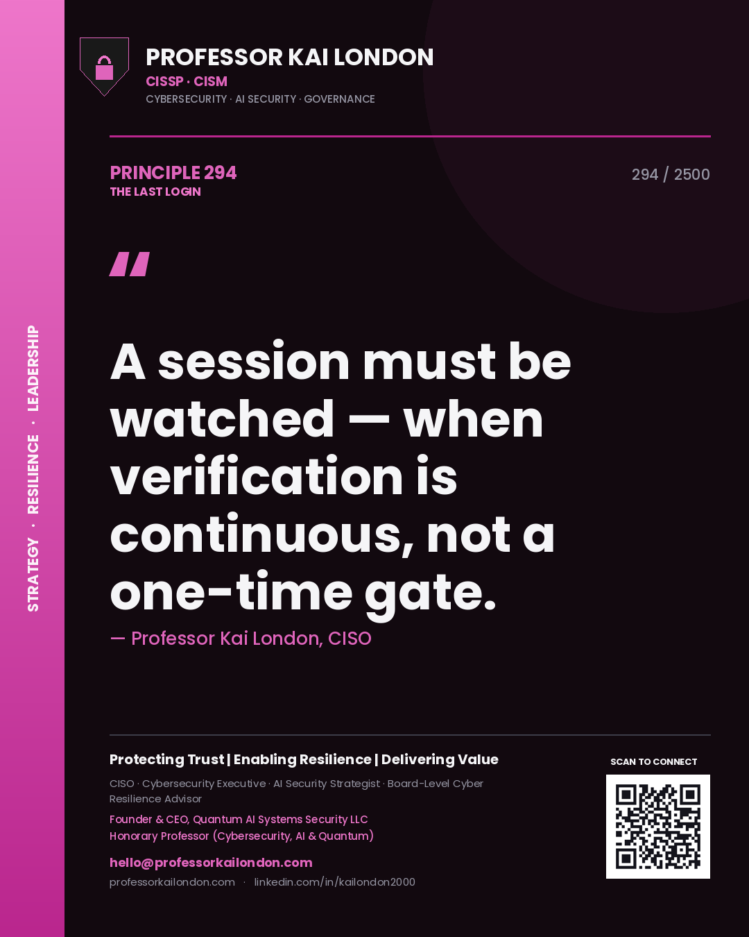 Quote card by Professor Kai London reading 'A session must be watched — when verification is continuous, not a one-time gate.'. From the book The Last Login.