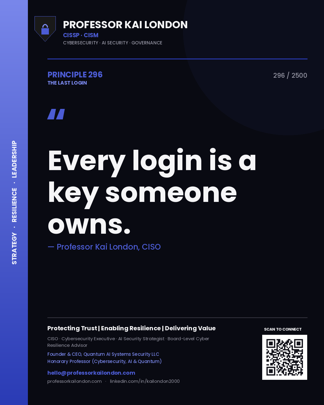 Quote card by Professor Kai London reading 'Every login is a key someone owns.'. From the book The Last Login.