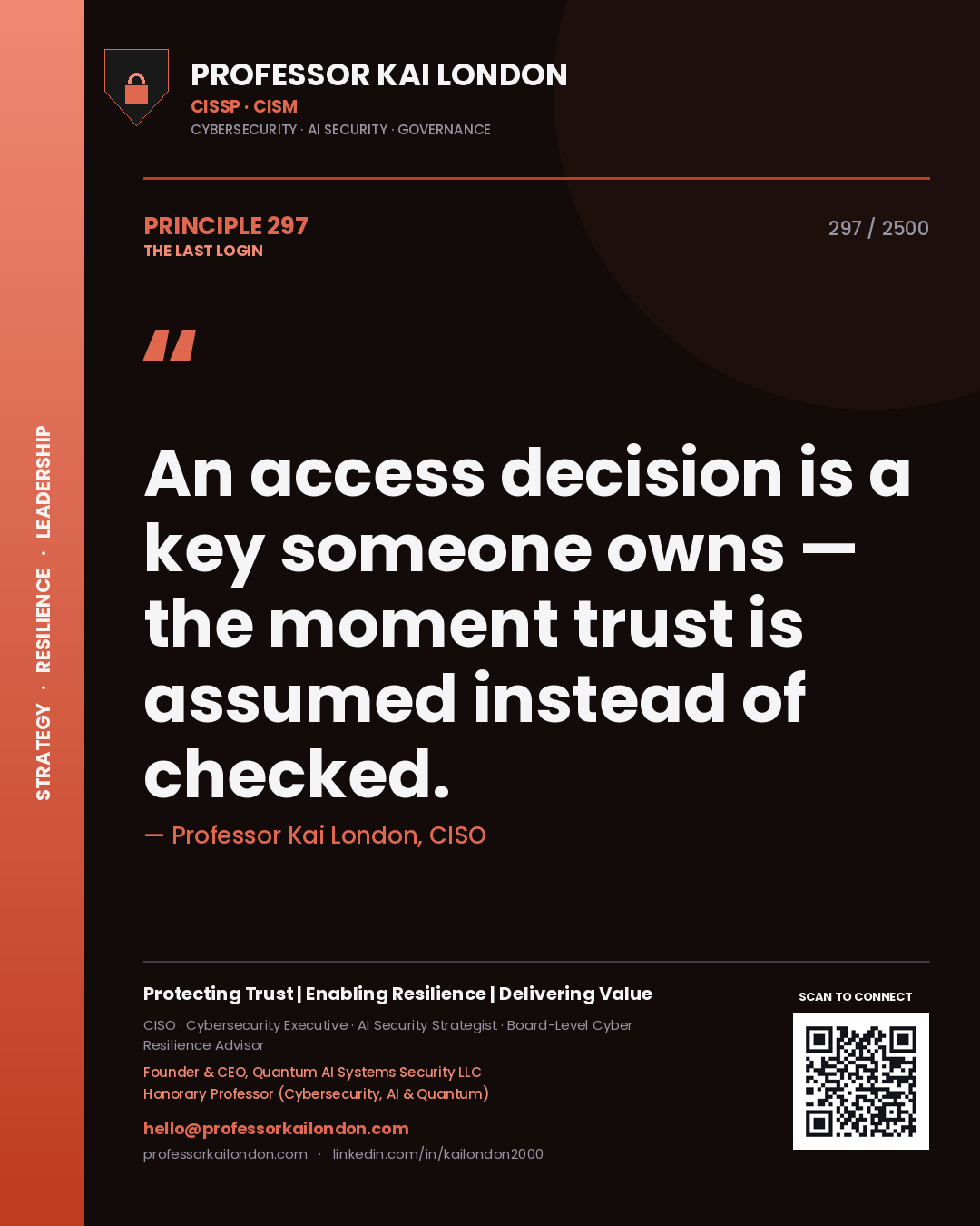 Professor Kai London principle 297: An access decision is a key someone owns — the moment trust is assumed instead of checked.