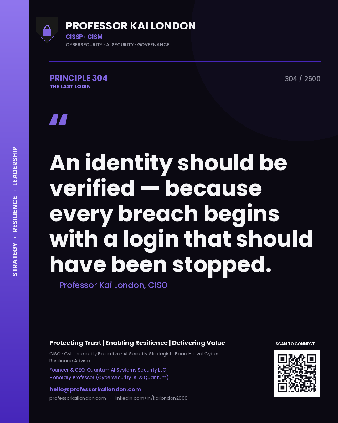Professor Kai London principle 304: An identity should be verified — because every breach begins with a login that should have been stopped.