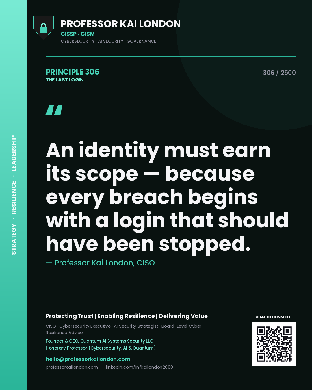Professor Kai London principle 306: An identity must earn its scope — because every breach begins with a login that should have been stopped.
