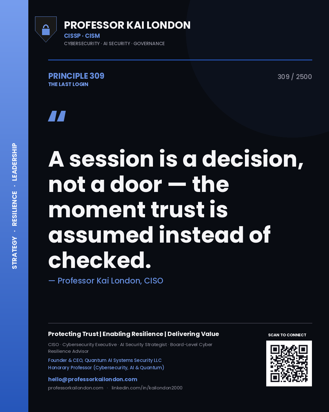 Professor Kai London principle 309: A session is a decision, not a door — the moment trust is assumed instead of checked.