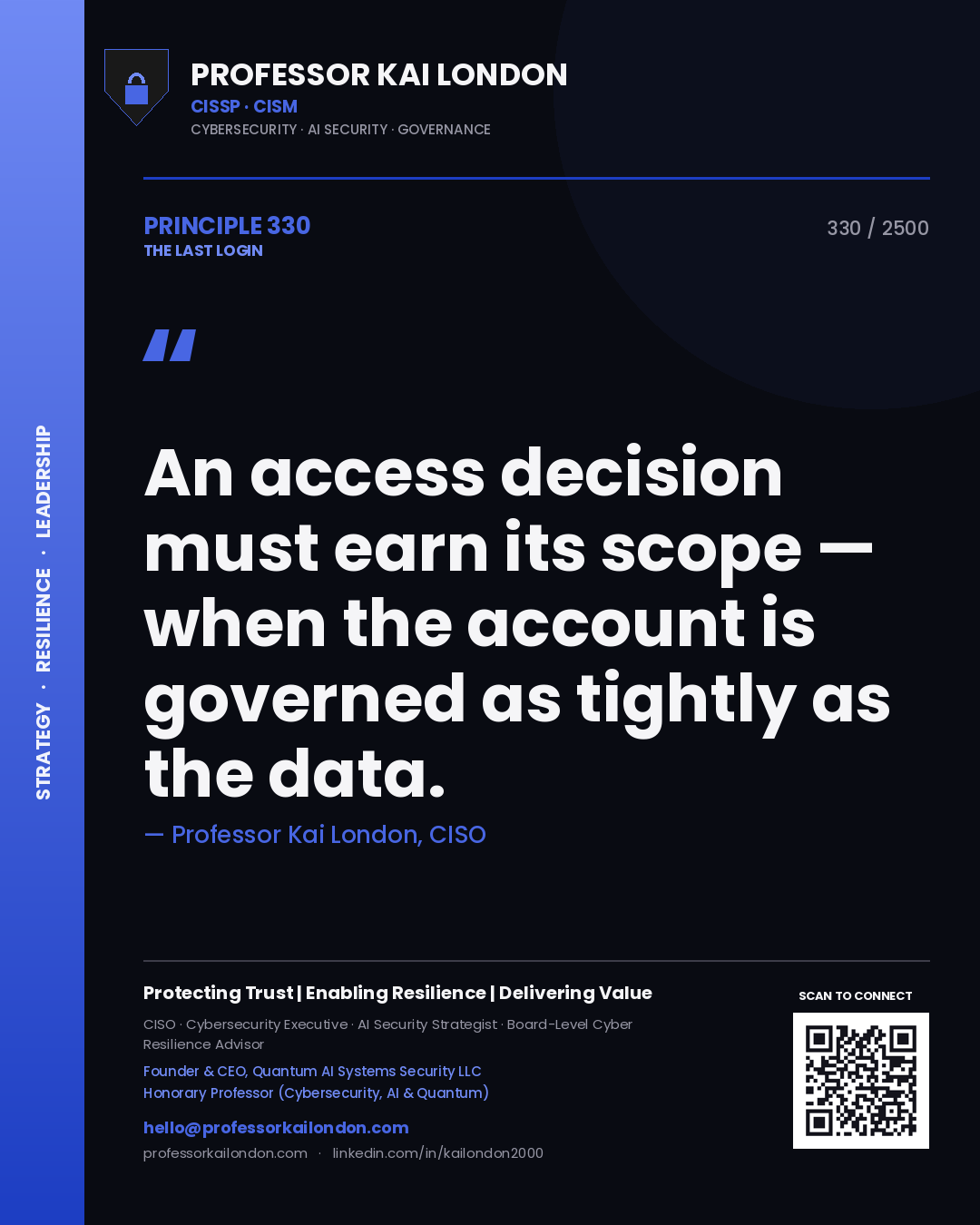 Professor Kai London principle 330: An access decision must earn its scope — when the account is governed as tightly as the data.