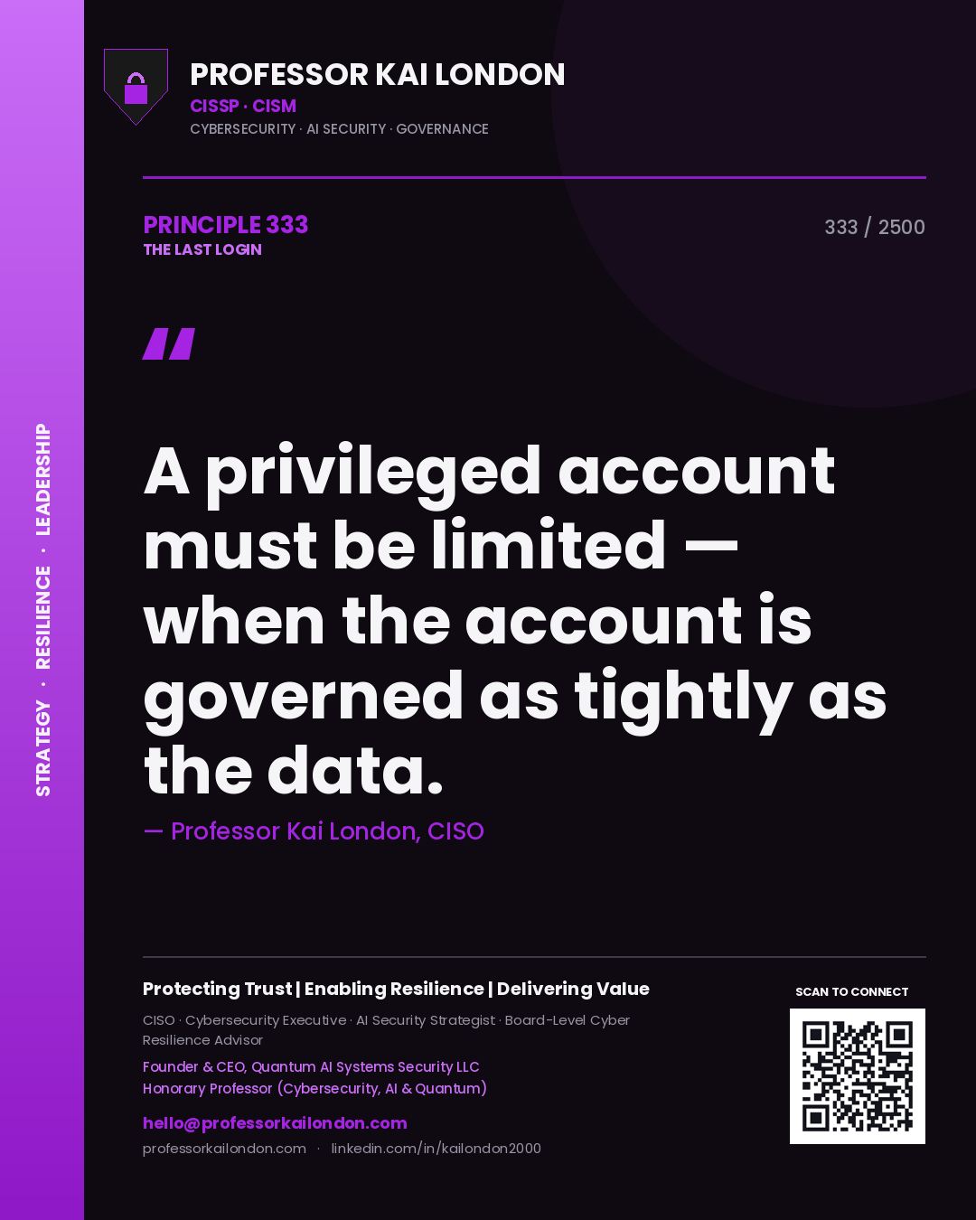 Professor Kai London principle 333: A privileged account must be limited — when the account is governed as tightly as the data.
