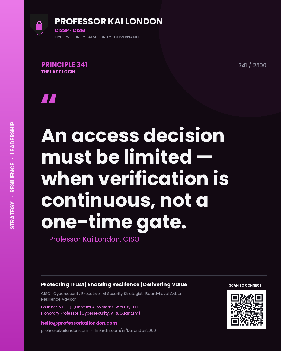Professor Kai London principle 341: An access decision must be limited — when verification is continuous, not a one-time gate.