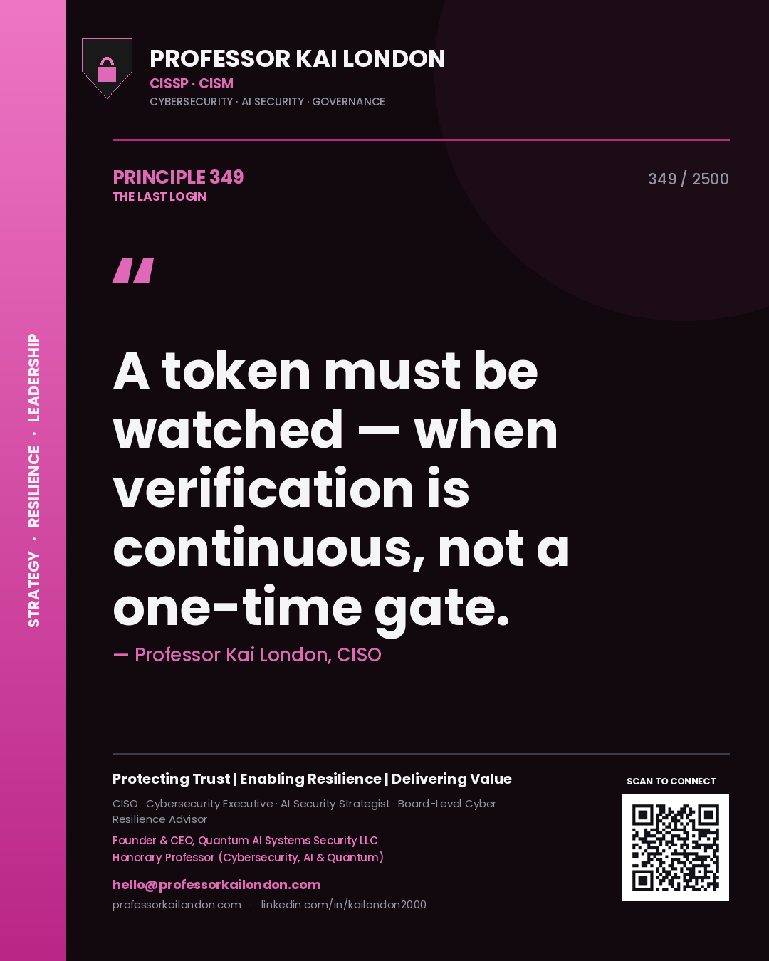 Professor Kai London principle 349: A token must be watched — when verification is continuous, not a one-time gate.