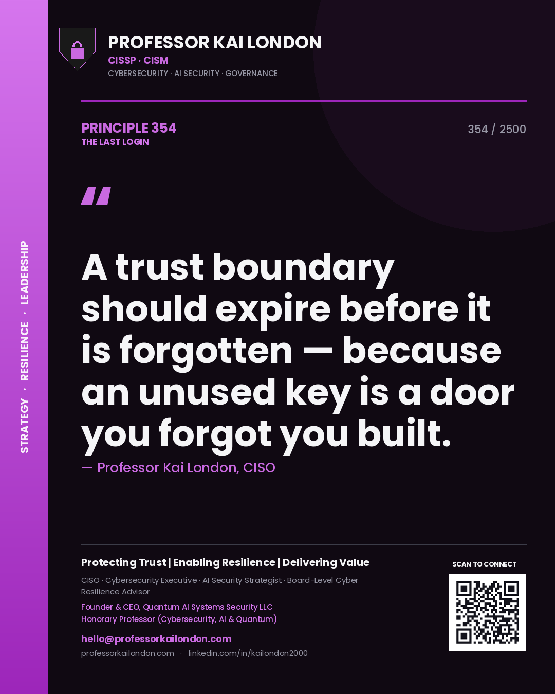 Quote card by Professor Kai London reading 'A trust boundary should expire before it is forgotten — because an unused key is a door you forgot you built.'. From the book The Last Login.