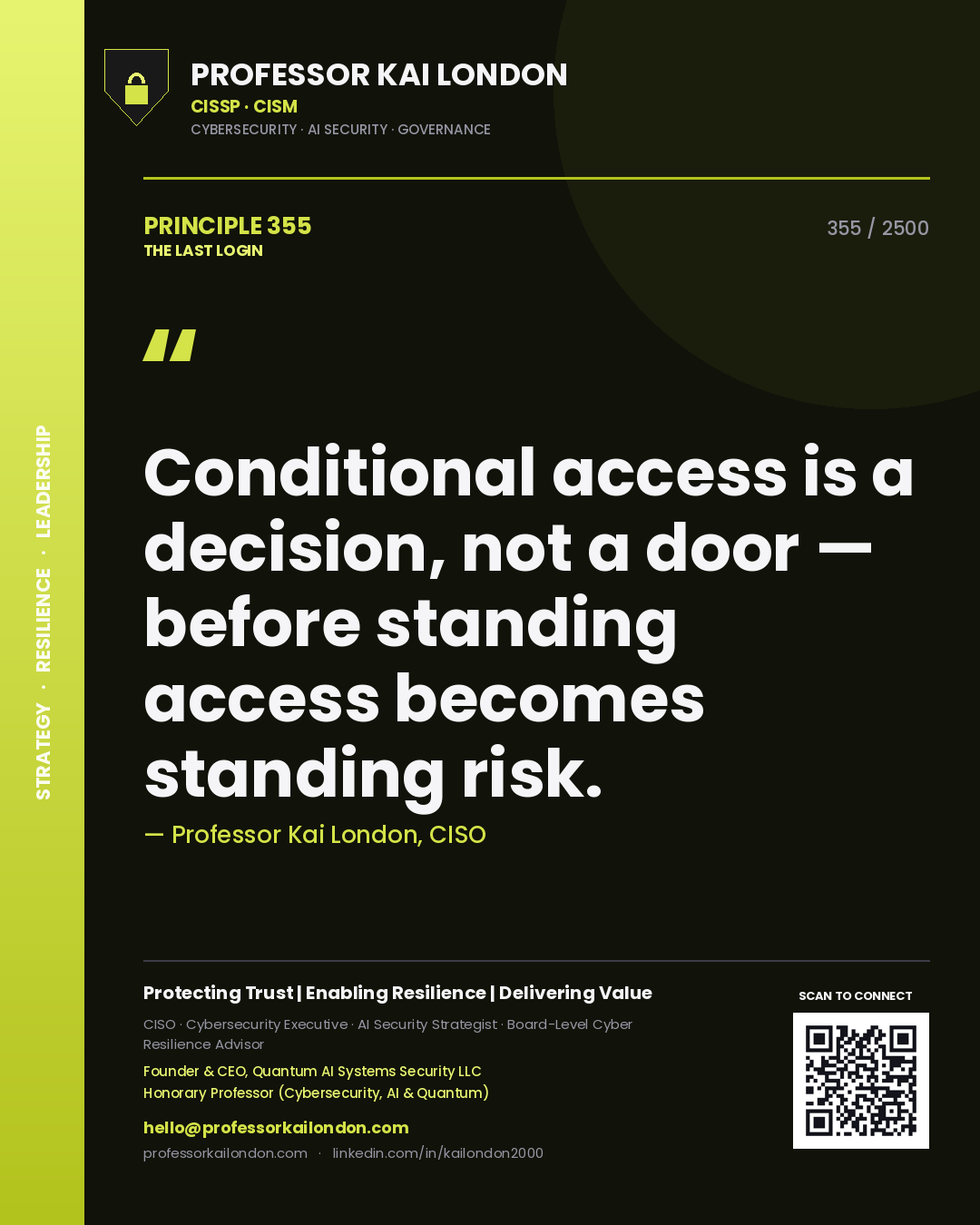 Quote card by Professor Kai London reading 'Conditional access is a decision, not a door — before standing access becomes standing risk.'. From the book The Last Login.
