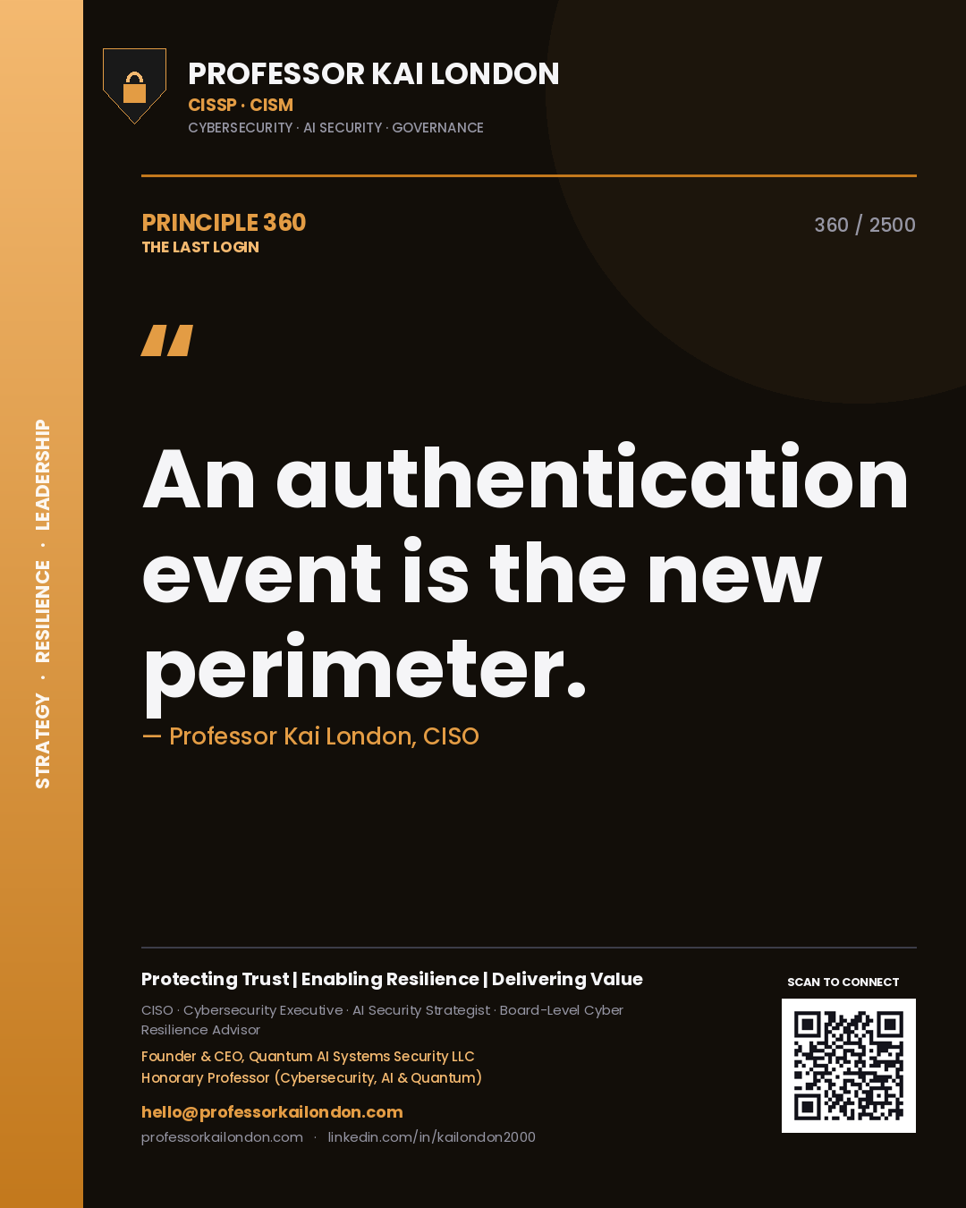 Quote card by Professor Kai London reading 'An authentication event is the new perimeter.'. From the book The Last Login.