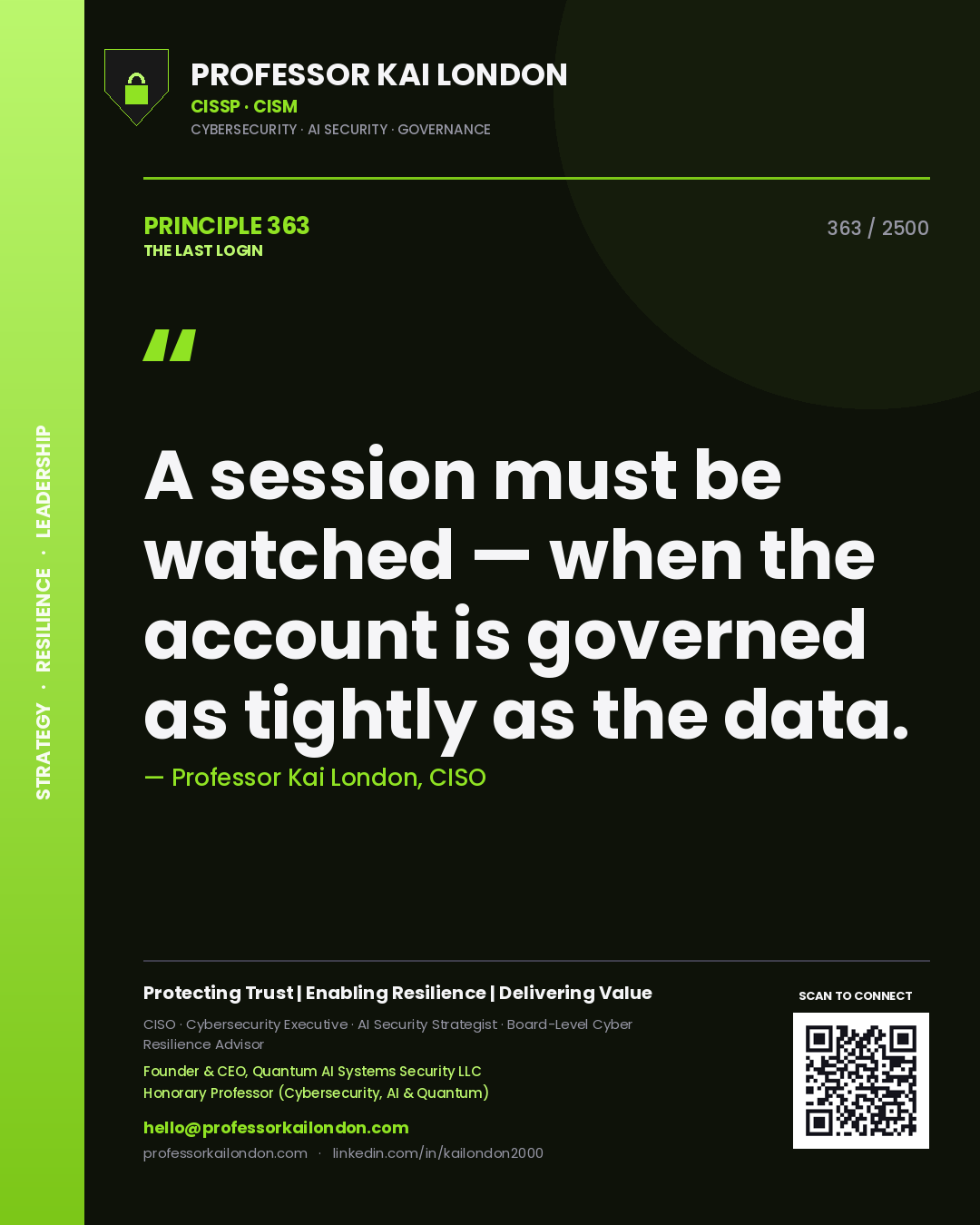 Quote card by Professor Kai London reading 'A session must be watched — when the account is governed as tightly as the data.'. From the book The Last Login.