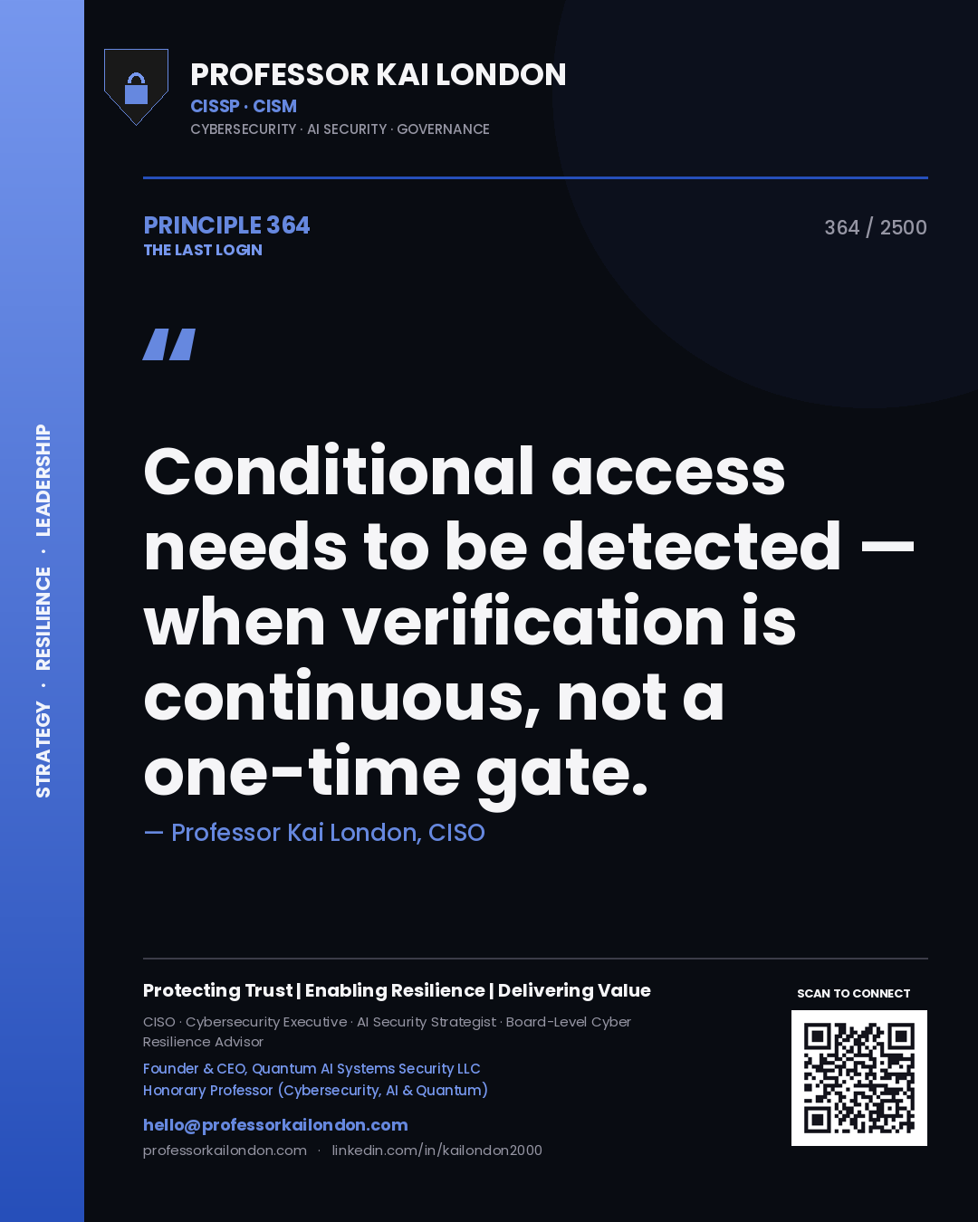 Quote card by Professor Kai London reading 'Conditional access needs to be detected — when verification is continuous, not a one-time gate.'. From the book The Last Login.