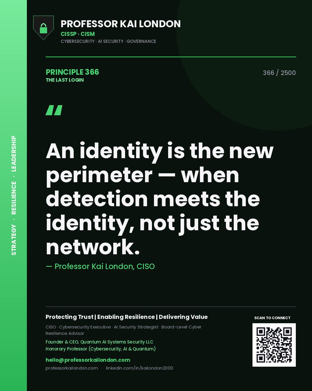 Professor Kai London principle 366: An identity is the new perimeter — when detection meets the identity, not just the network.