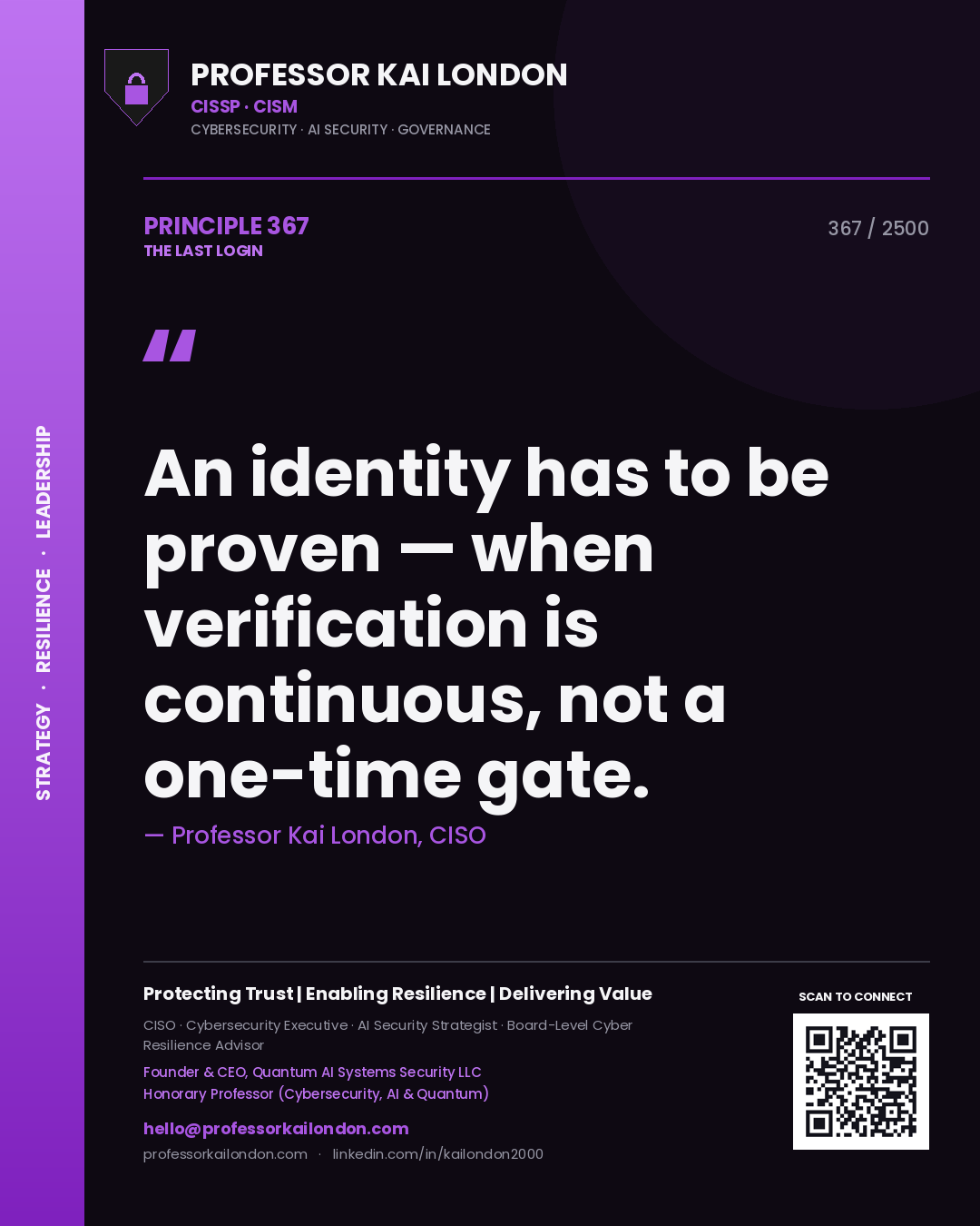 Quote card by Professor Kai London reading 'An identity has to be proven — when verification is continuous, not a one-time gate.'. From the book The Last Login.