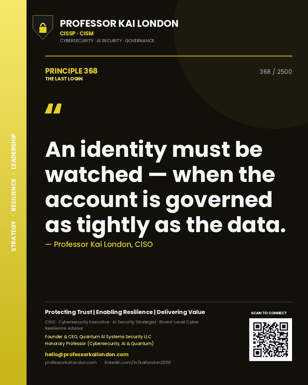 Professor Kai London principle 368: An identity must be watched — when the account is governed as tightly as the data.