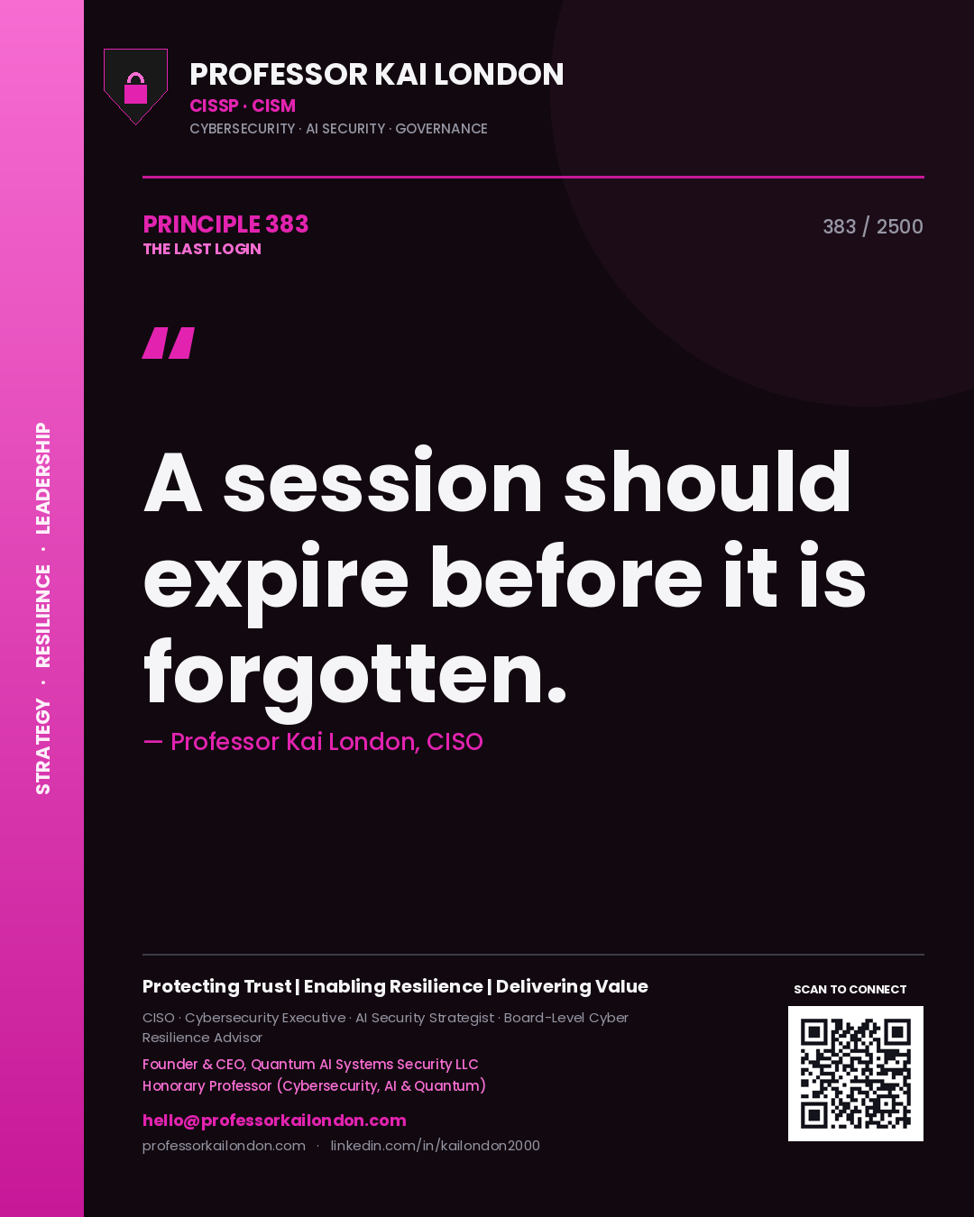 Quote card by Professor Kai London reading 'A session should expire before it is forgotten.'. From the book The Last Login.