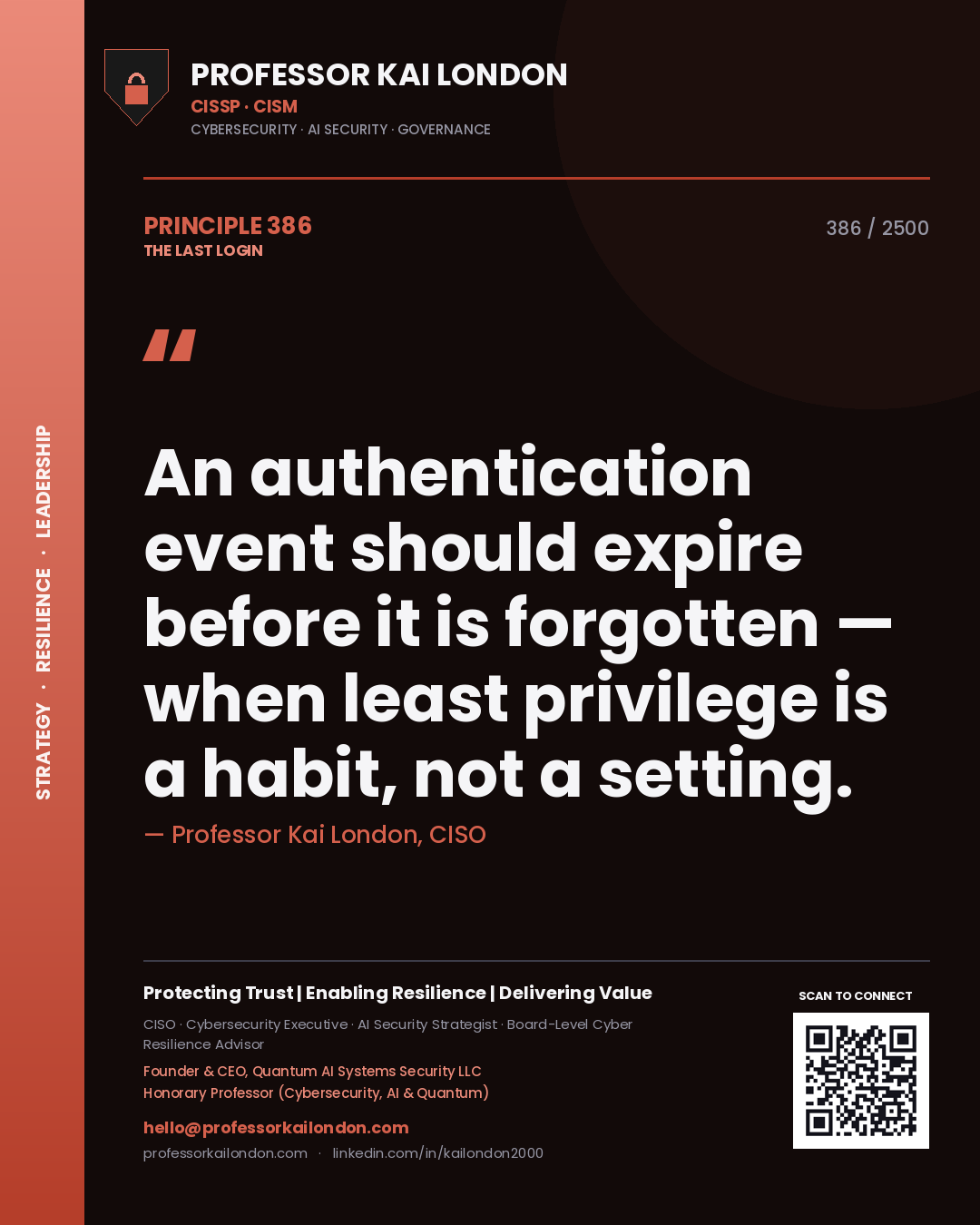 Quote card by Professor Kai London reading 'An authentication event should expire before it is forgotten — when least privilege is a habit, not a setting.'. From the book The Last Login.