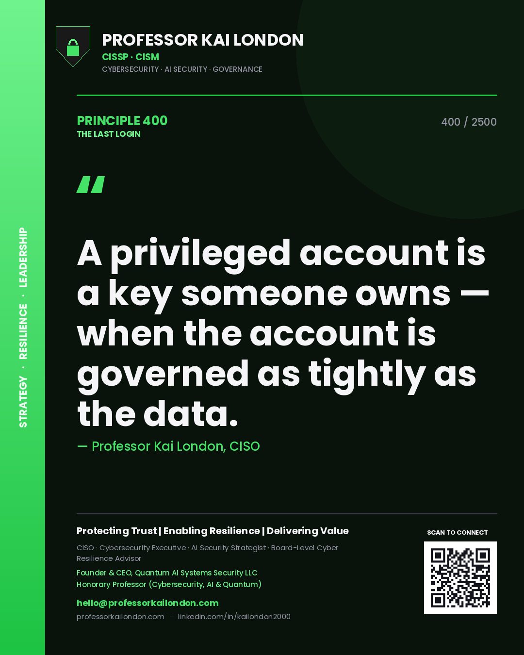 Quote card by Professor Kai London reading 'A privileged account is a key someone owns — when the account is governed as tightly as the data.'. From the book The Last Login.