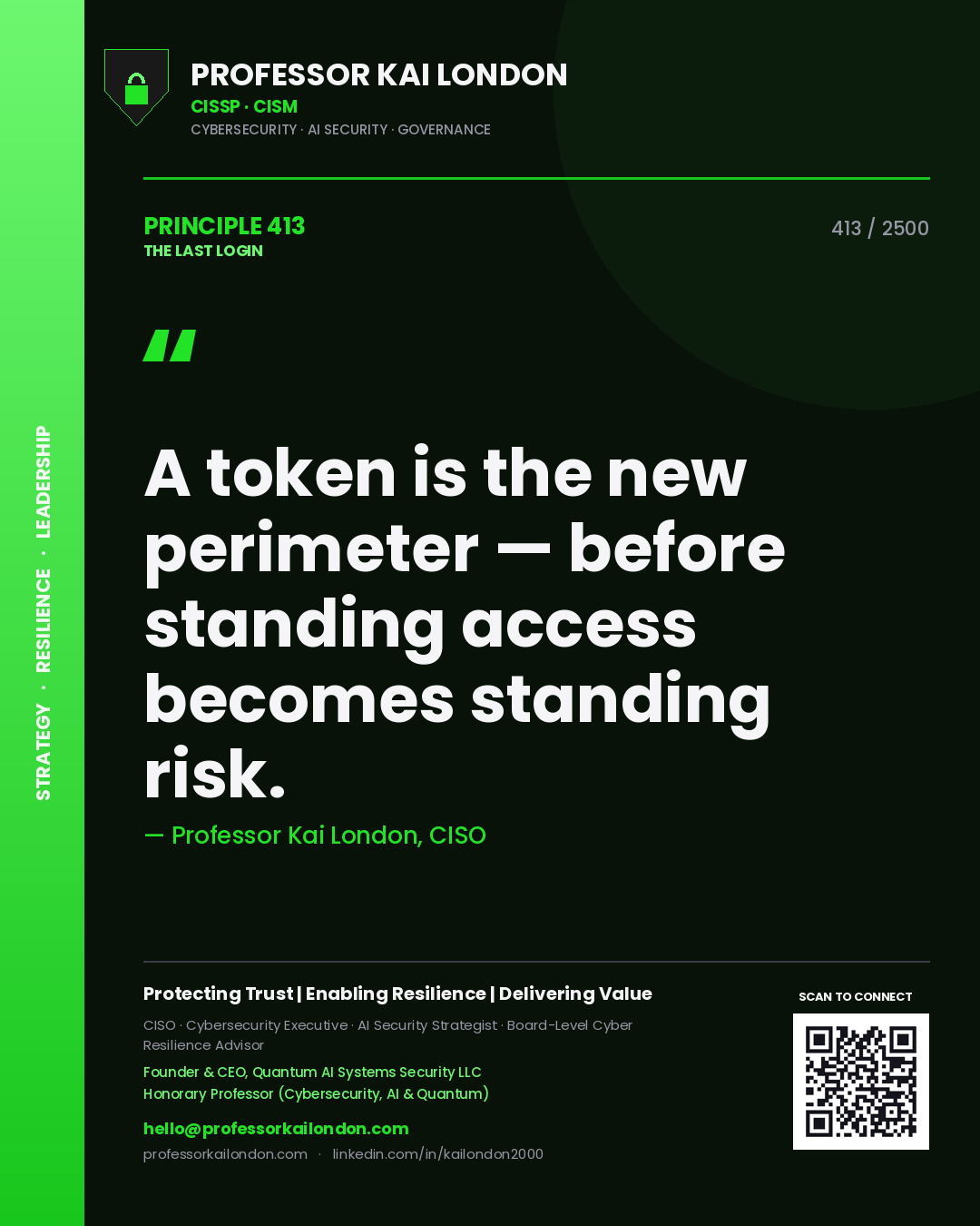 Quote card by Professor Kai London reading 'A token is the new perimeter — before standing access becomes standing risk.'. From the book The Last Login.