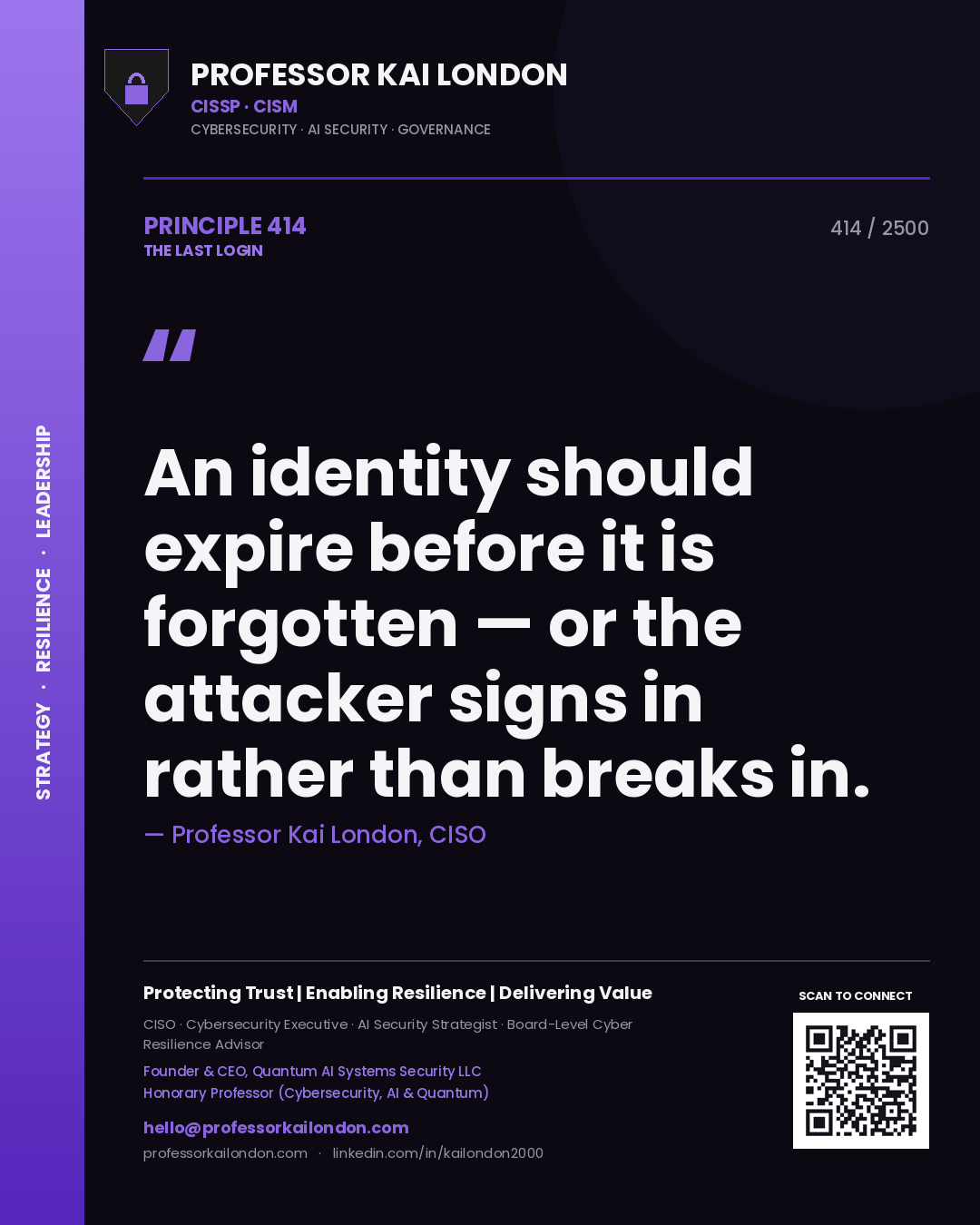 Quote card by Professor Kai London reading 'An identity should expire before it is forgotten — or the attacker signs in rather than breaks in.'. From the book The Last Login.