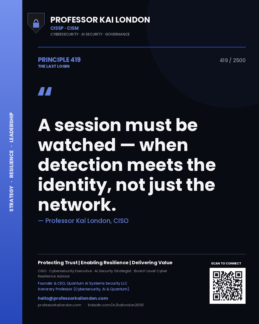 Quote card by Professor Kai London reading 'A session must be watched — when detection meets the identity, not just the network.'. From the book The Last Login.