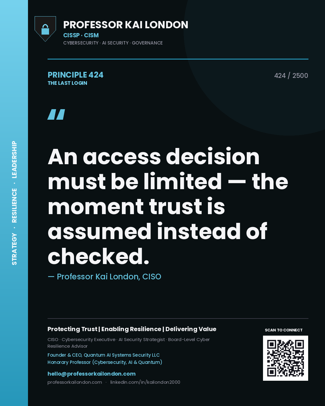 Quote card by Professor Kai London reading 'An access decision must be limited — the moment trust is assumed instead of checked.'. From the book The Last Login.