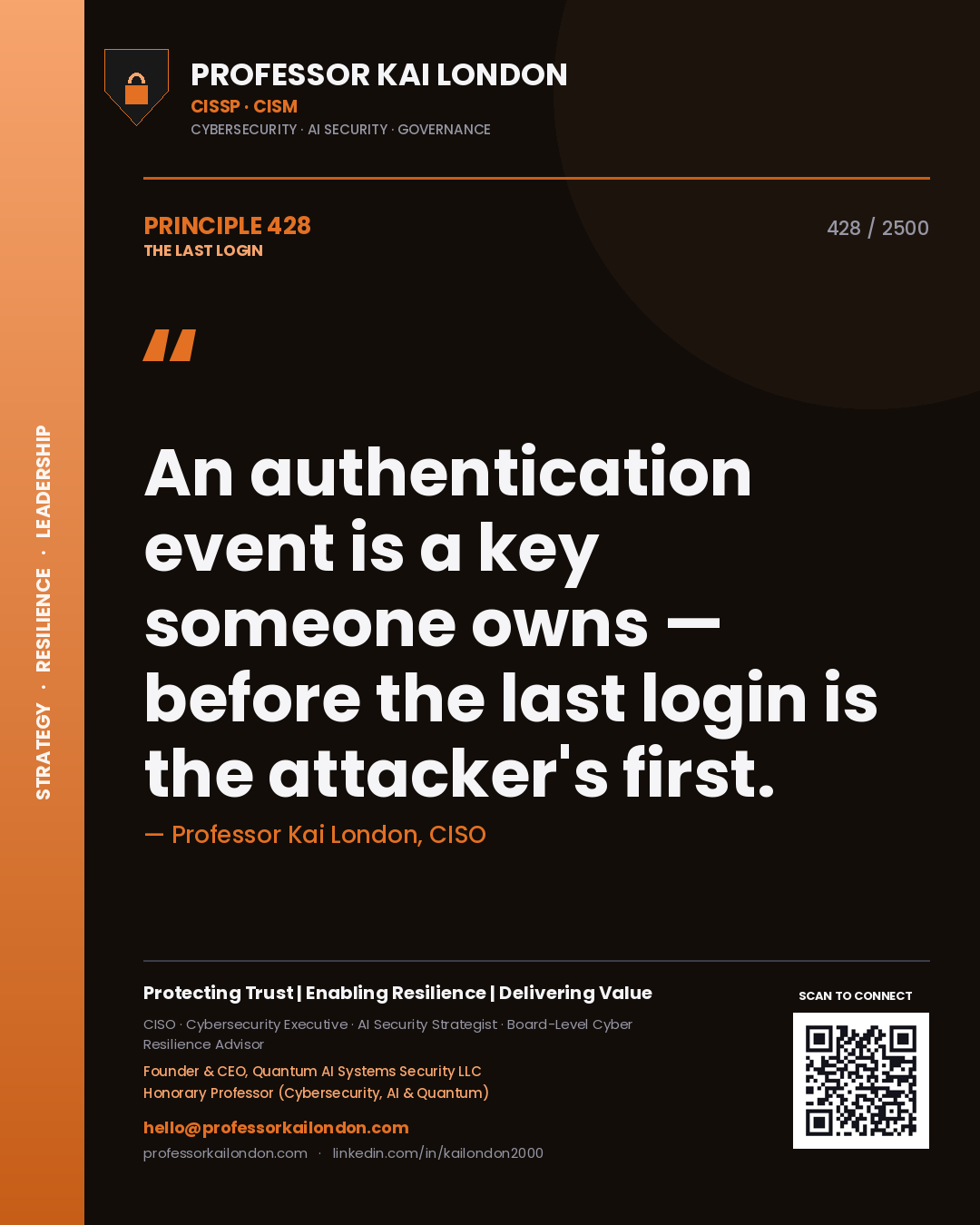 Quote card by Professor Kai London reading 'An authentication event is a key someone owns — before the last login is the attacker's first.'. From the book The Last Login.