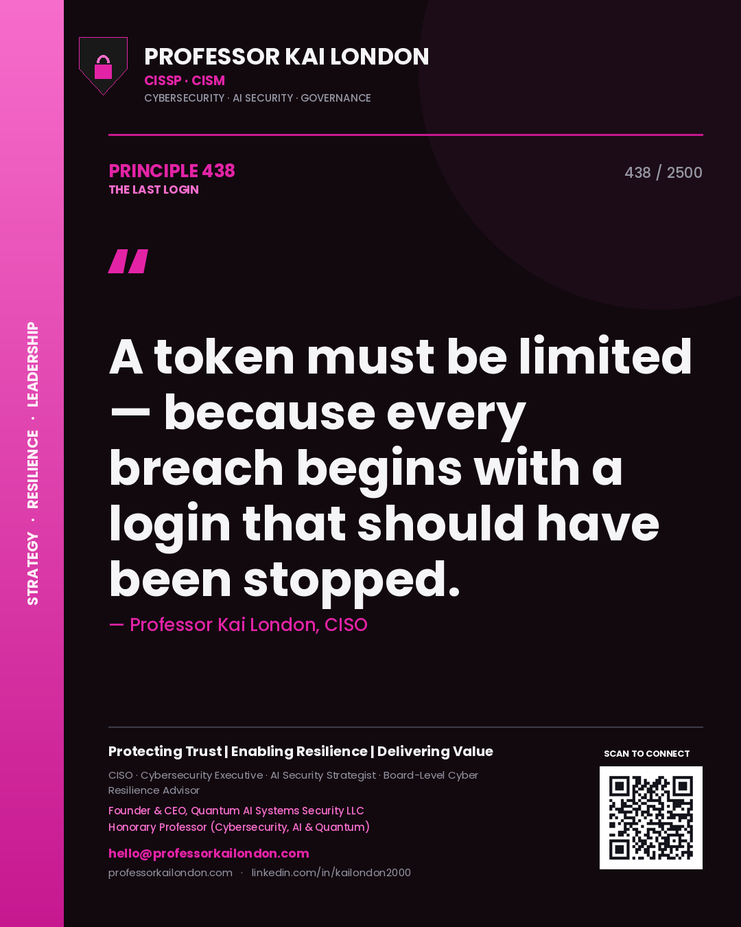Quote card by Professor Kai London reading 'A token must be limited — because every breach begins with a login that should have been stopped.'. From the book The Last Login.