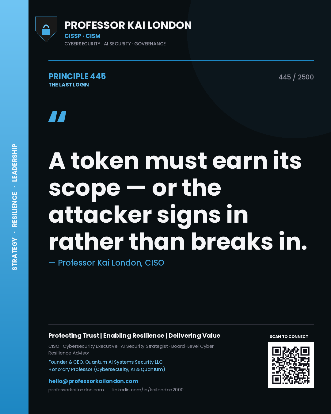 Quote card by Professor Kai London reading 'A token must earn its scope — or the attacker signs in rather than breaks in.'. From the book The Last Login.