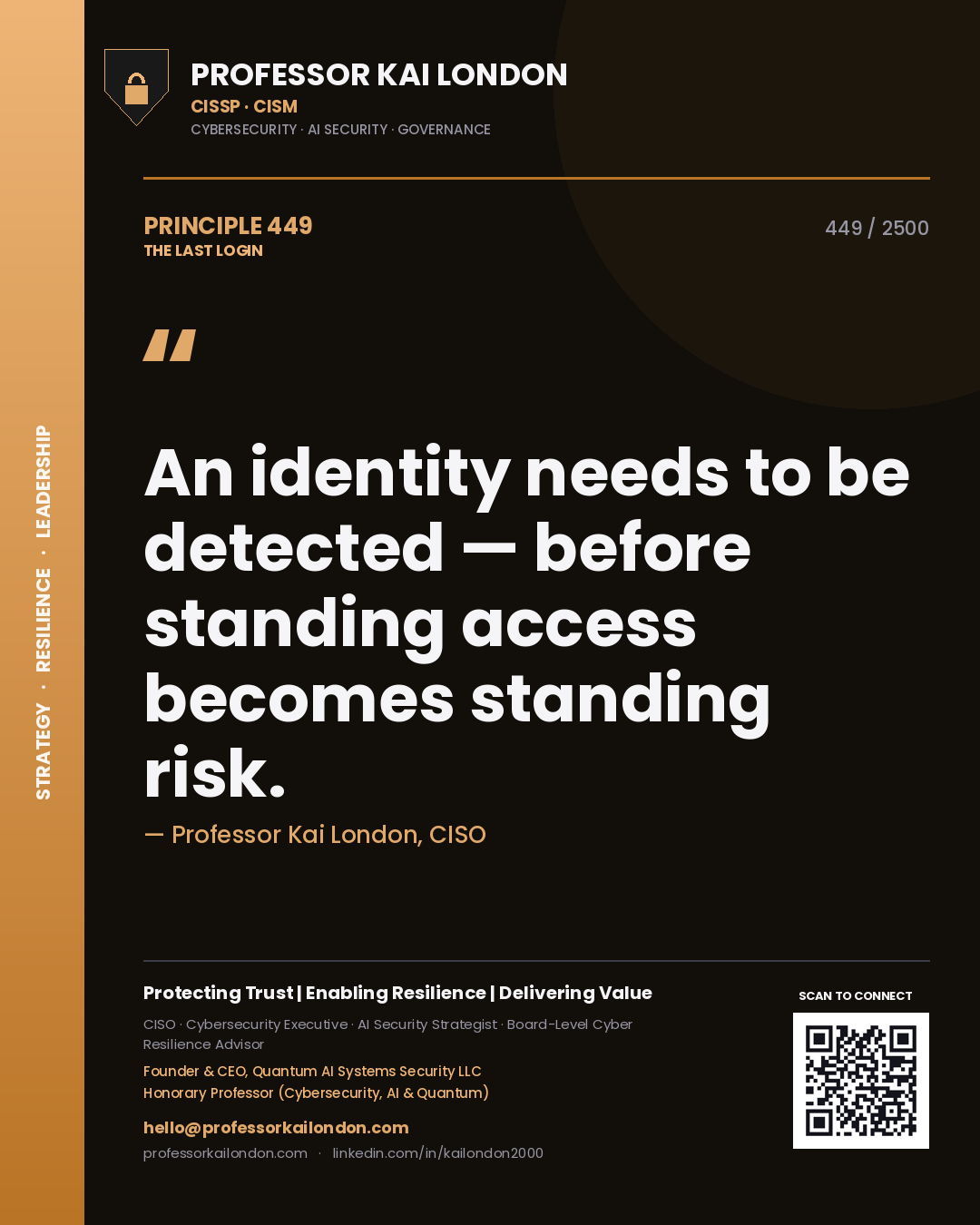 Quote card by Professor Kai London reading 'An identity needs to be detected — before standing access becomes standing risk.'. From the book The Last Login.