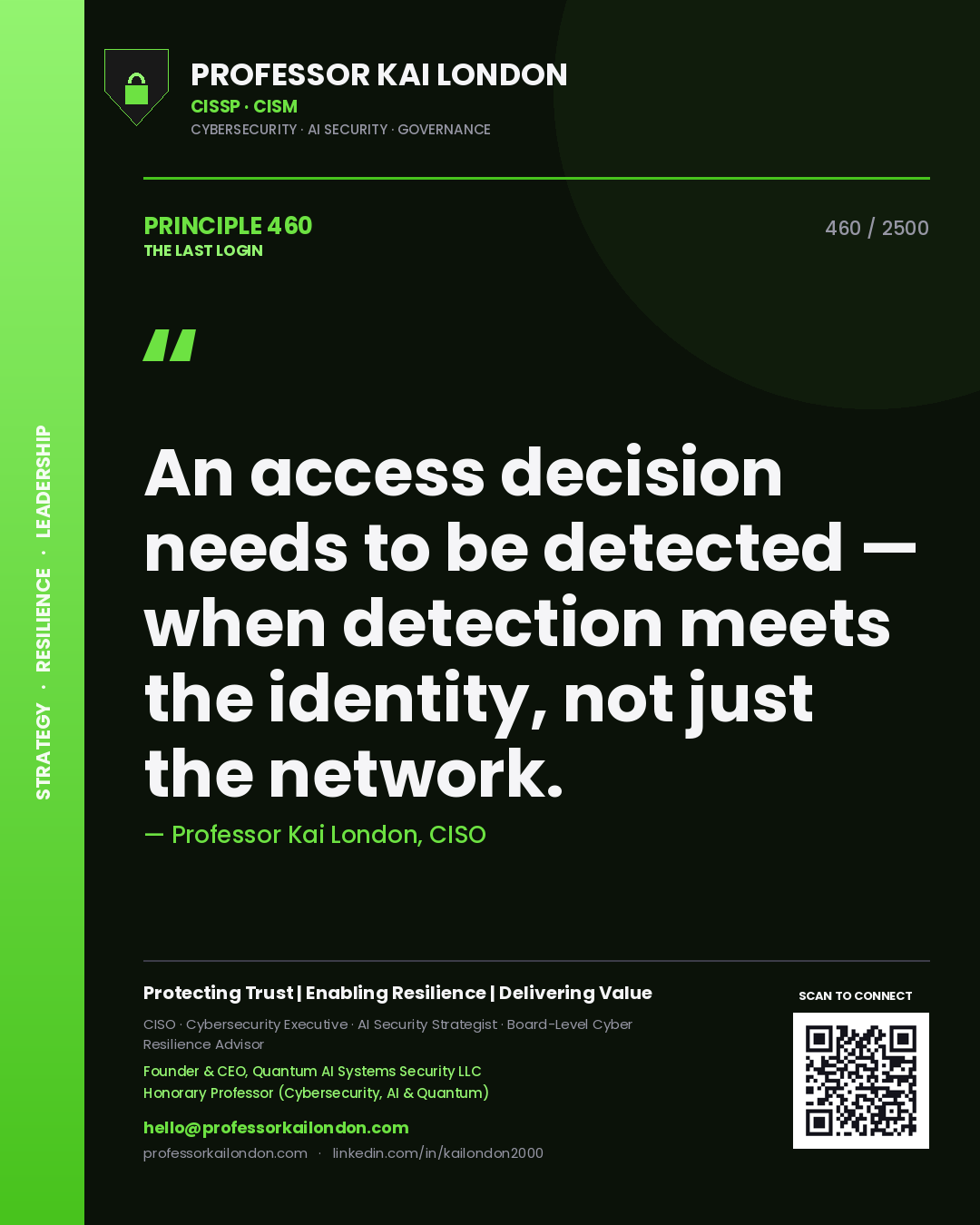 Quote card by Professor Kai London reading 'An access decision needs to be detected — when detection meets the identity, not just the network.'. From the book The Last Login.