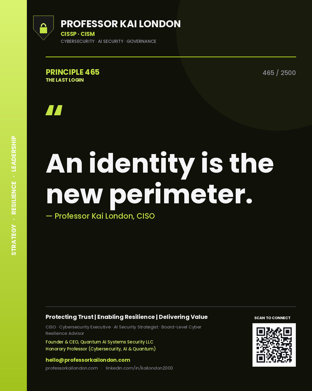Quote card by Professor Kai London reading 'An identity is the new perimeter.'. From the book The Last Login.