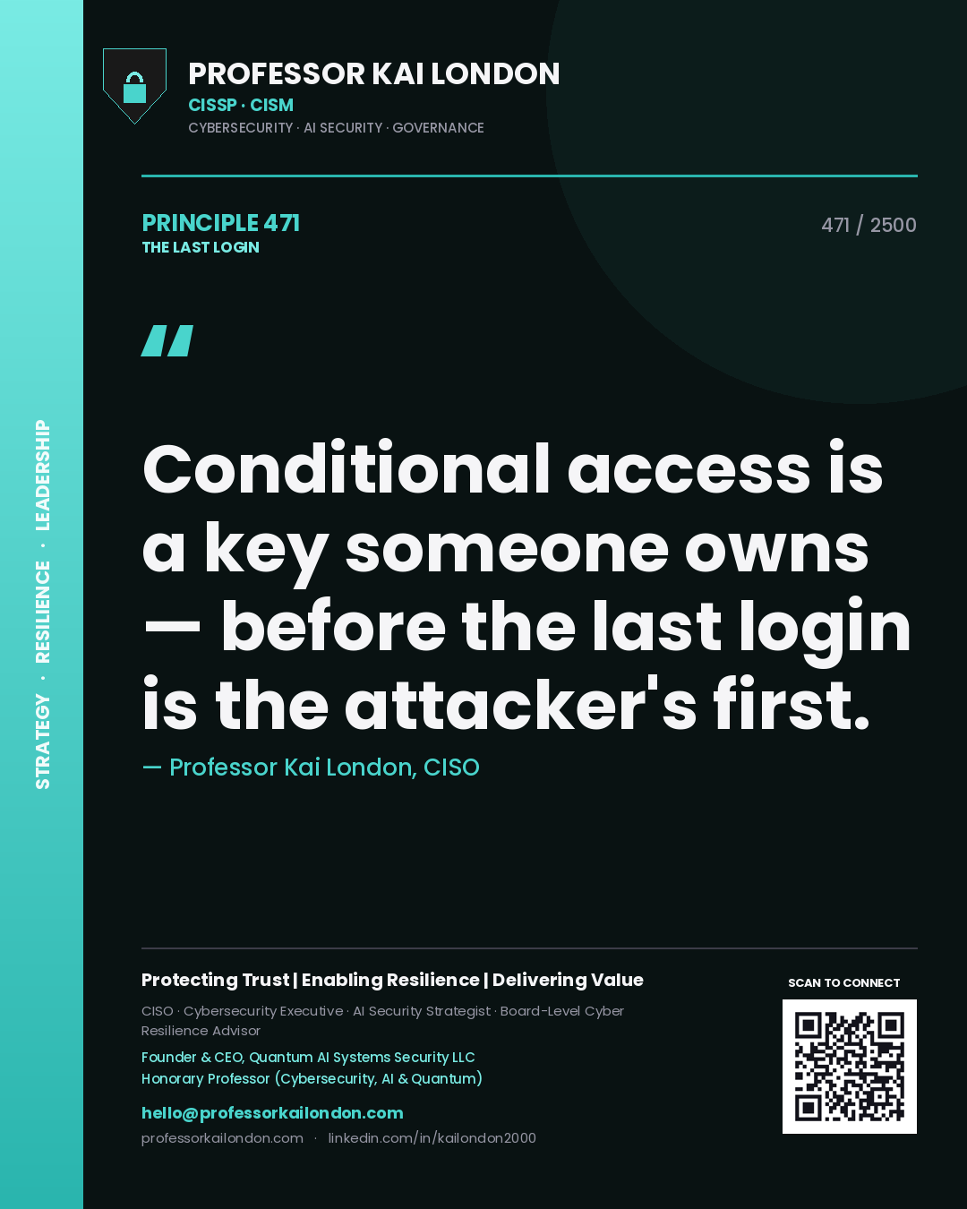 Quote card by Professor Kai London reading 'Conditional access is a key someone owns — before the last login is the attacker's first.'. From the book The Last Login.