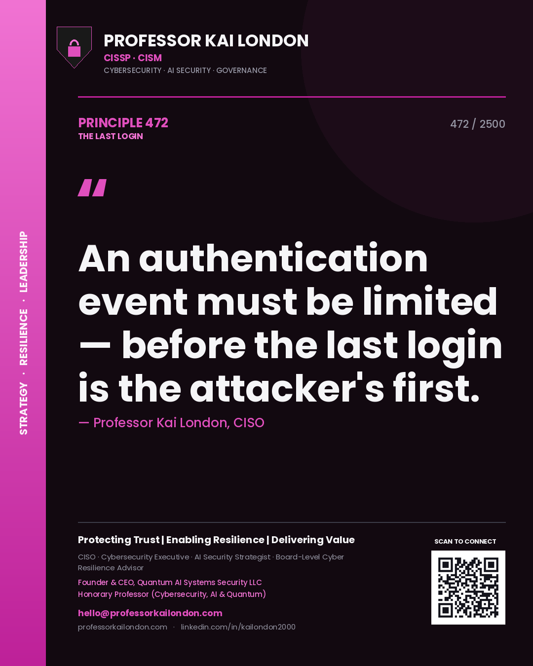 Quote card by Professor Kai London reading 'An authentication event must be limited — before the last login is the attacker's first.'. From the book The Last Login.