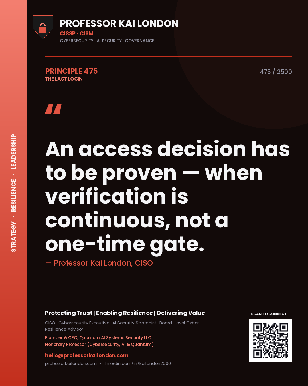Quote card by Professor Kai London reading 'An access decision has to be proven — when verification is continuous, not a one-time gate.'. From the book The Last Login.