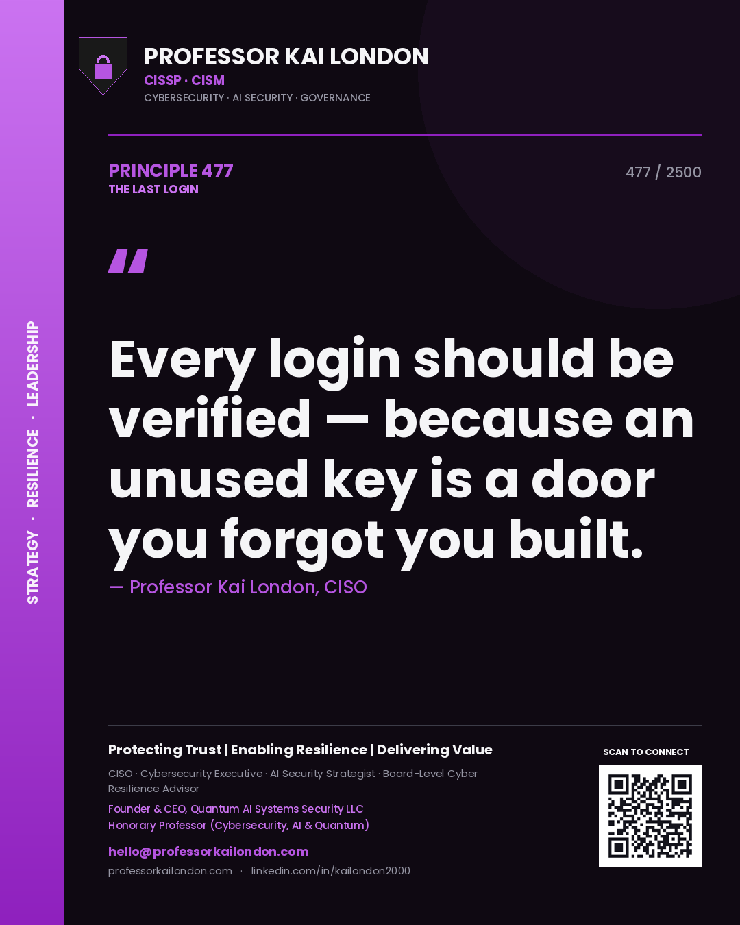 Quote card by Professor Kai London reading 'Every login should be verified — because an unused key is a door you forgot you built.'. From the book The Last Login.