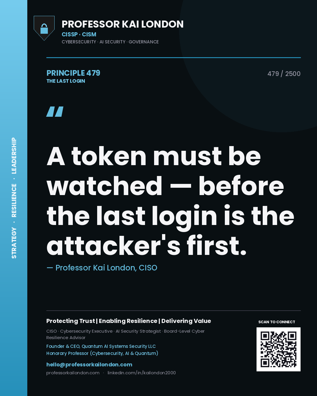 Quote card by Professor Kai London reading 'A token must be watched — before the last login is the attacker's first.'. From the book The Last Login.