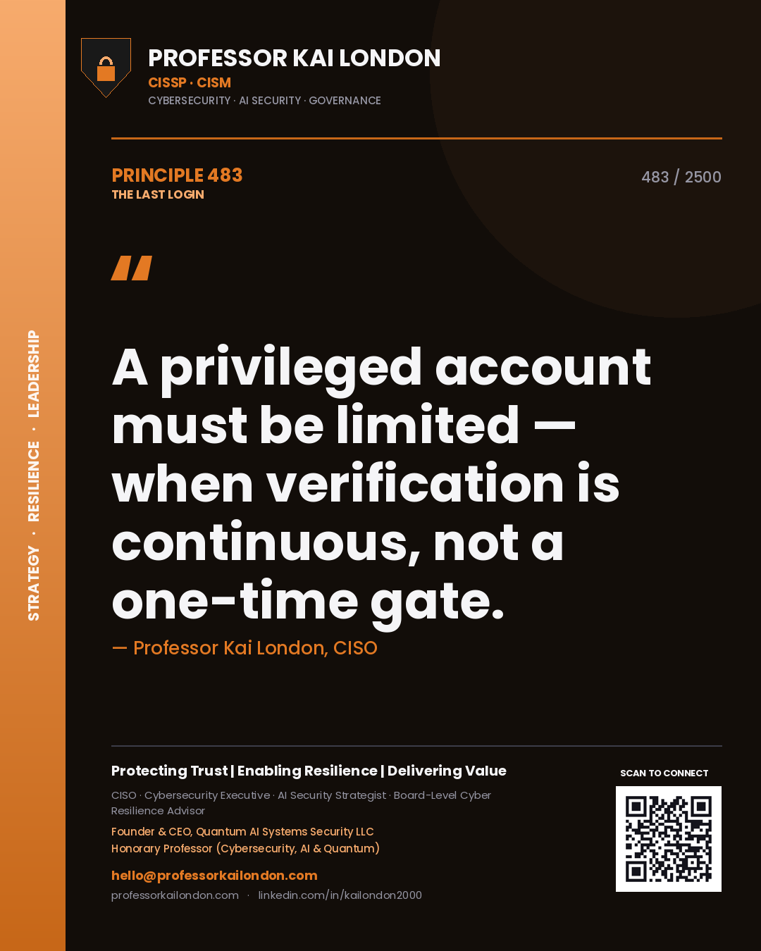 Quote card by Professor Kai London reading 'A privileged account must be limited — when verification is continuous, not a one-time gate.'. From the book The Last Login.