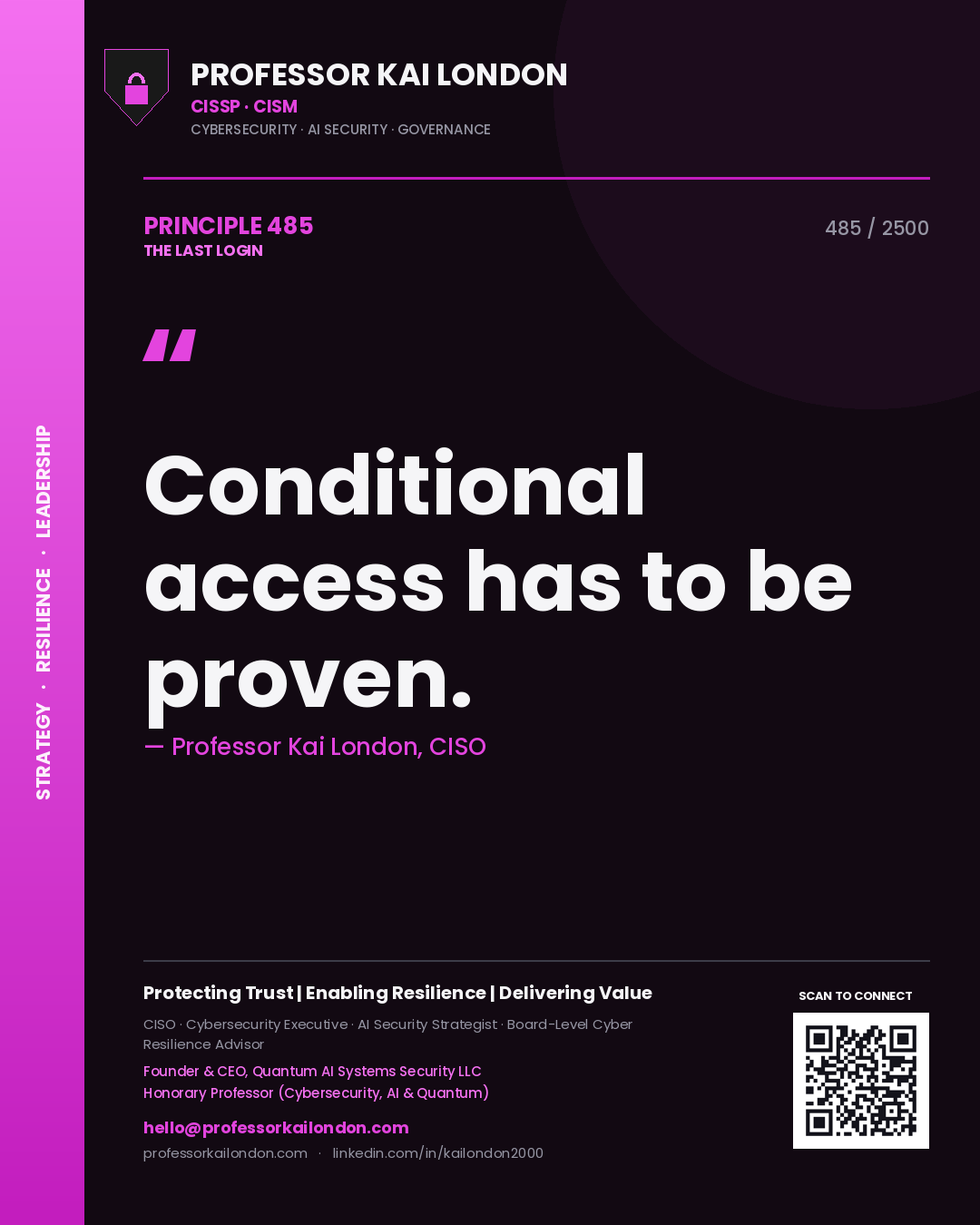 Quote card by Professor Kai London reading 'Conditional access has to be proven.'. From the book The Last Login.