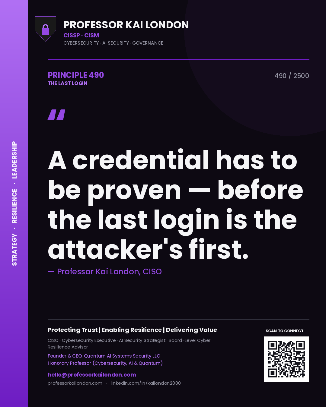 Quote card by Professor Kai London reading 'A credential has to be proven — before the last login is the attacker's first.'. From the book The Last Login.