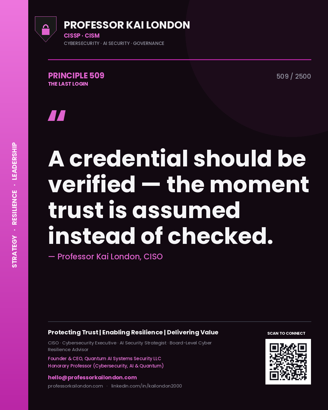 Professor Kai London principle 509: A credential should be verified — the moment trust is assumed instead of checked.