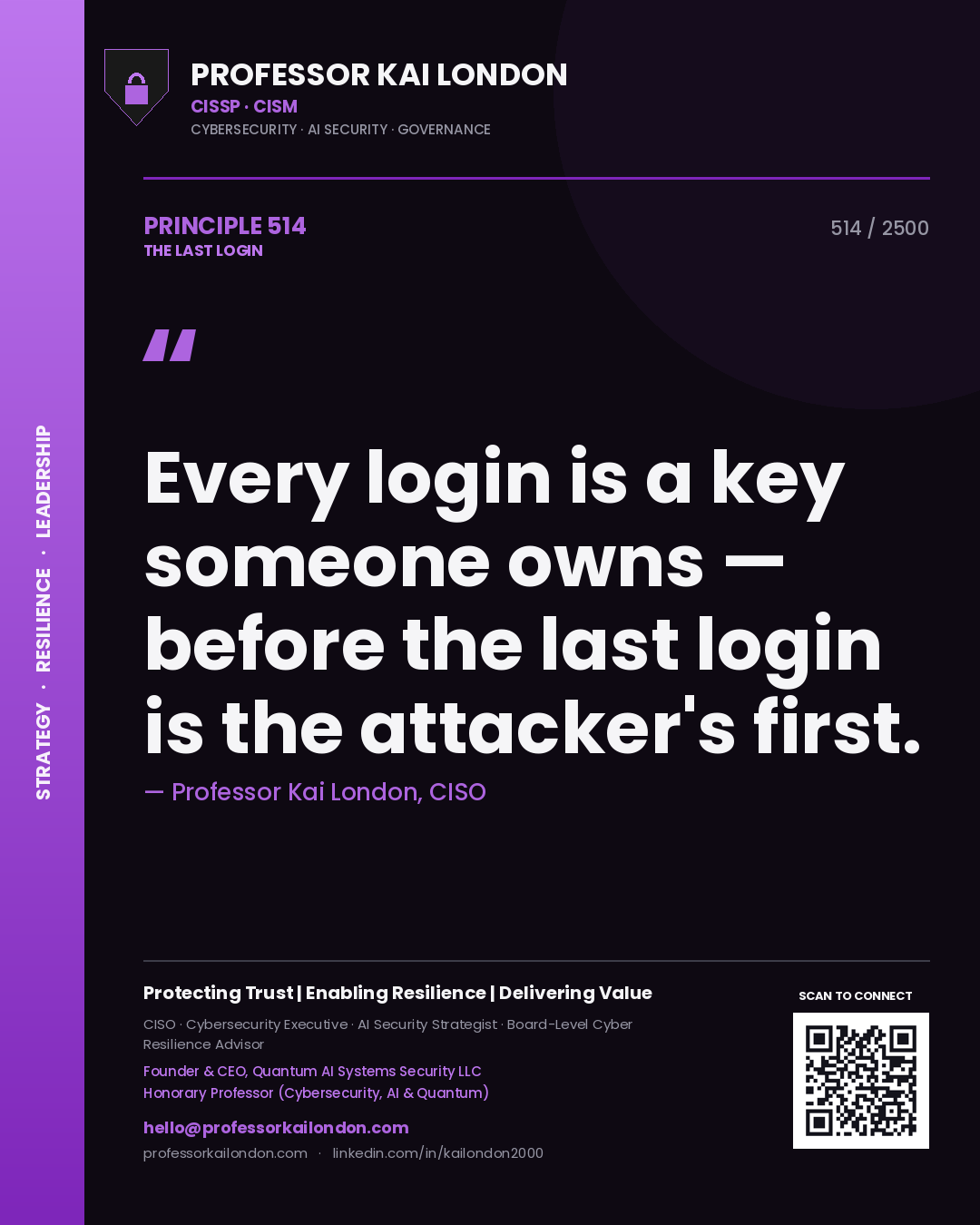 Professor Kai London principle 514: Every login is a key someone owns — before the last login is the attacker's first.