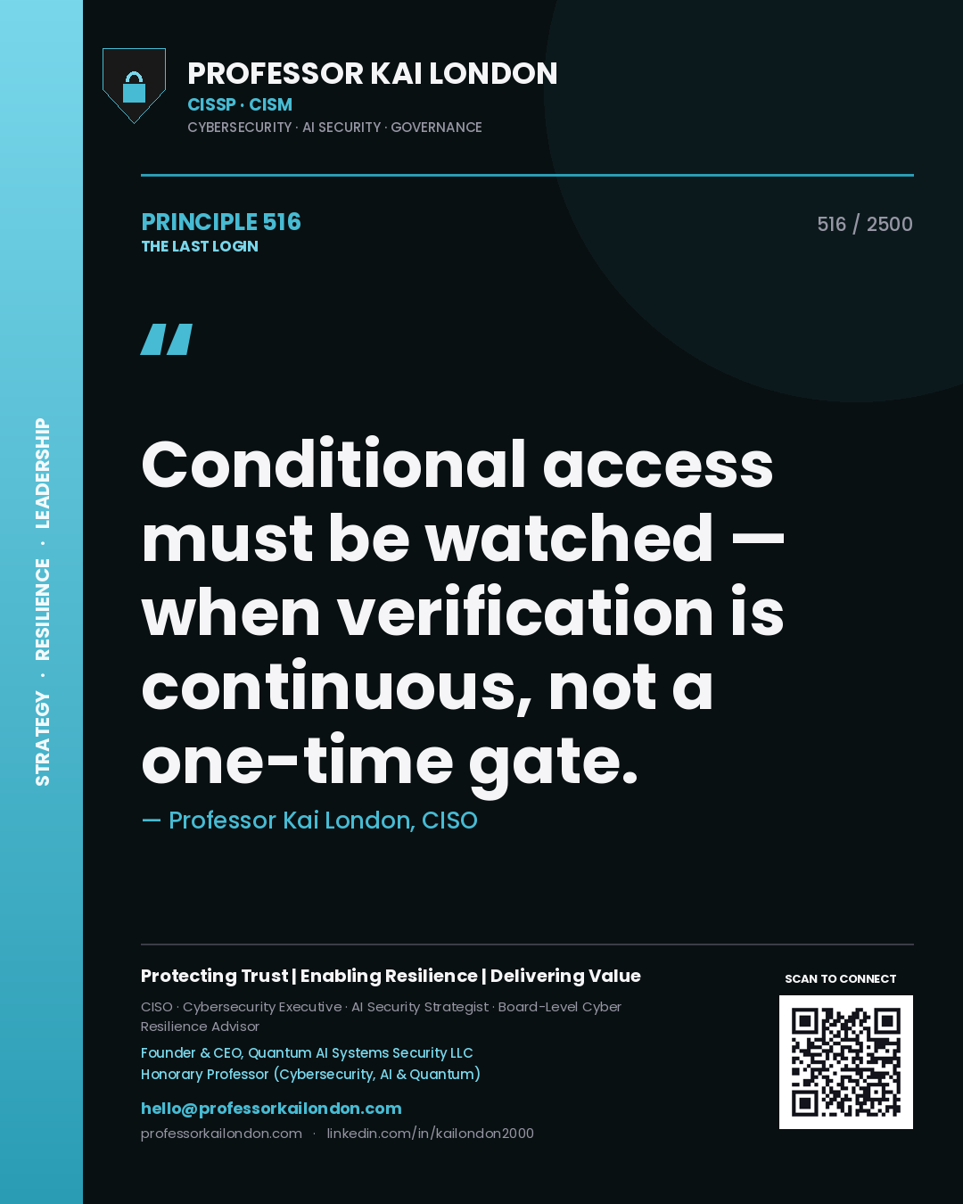 Quote card by Professor Kai London reading 'Conditional access must be watched — when verification is continuous, not a one-time gate.'. From the book The Last Login.