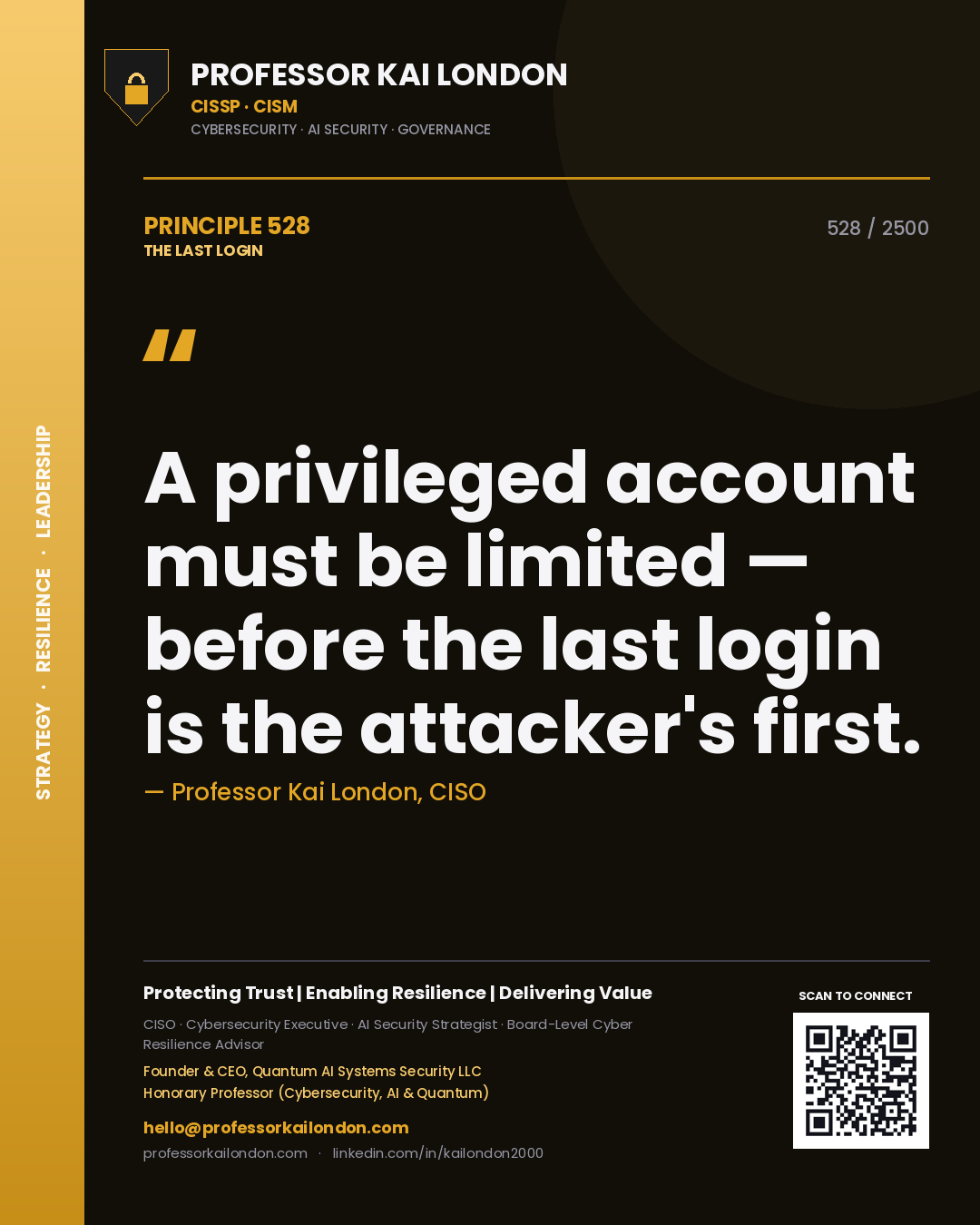 Professor Kai London principle 528: A privileged account must be limited — before the last login is the attacker's first.