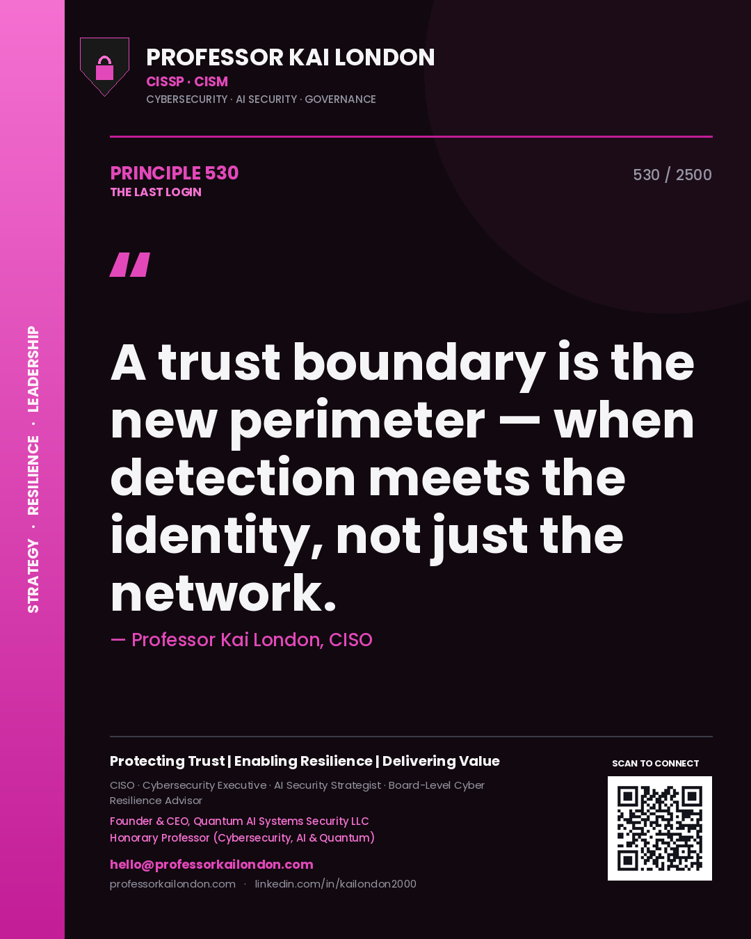 Quote card by Professor Kai London reading 'A trust boundary is the new perimeter — when detection meets the identity, not just the network.'. From the book The Last Login.