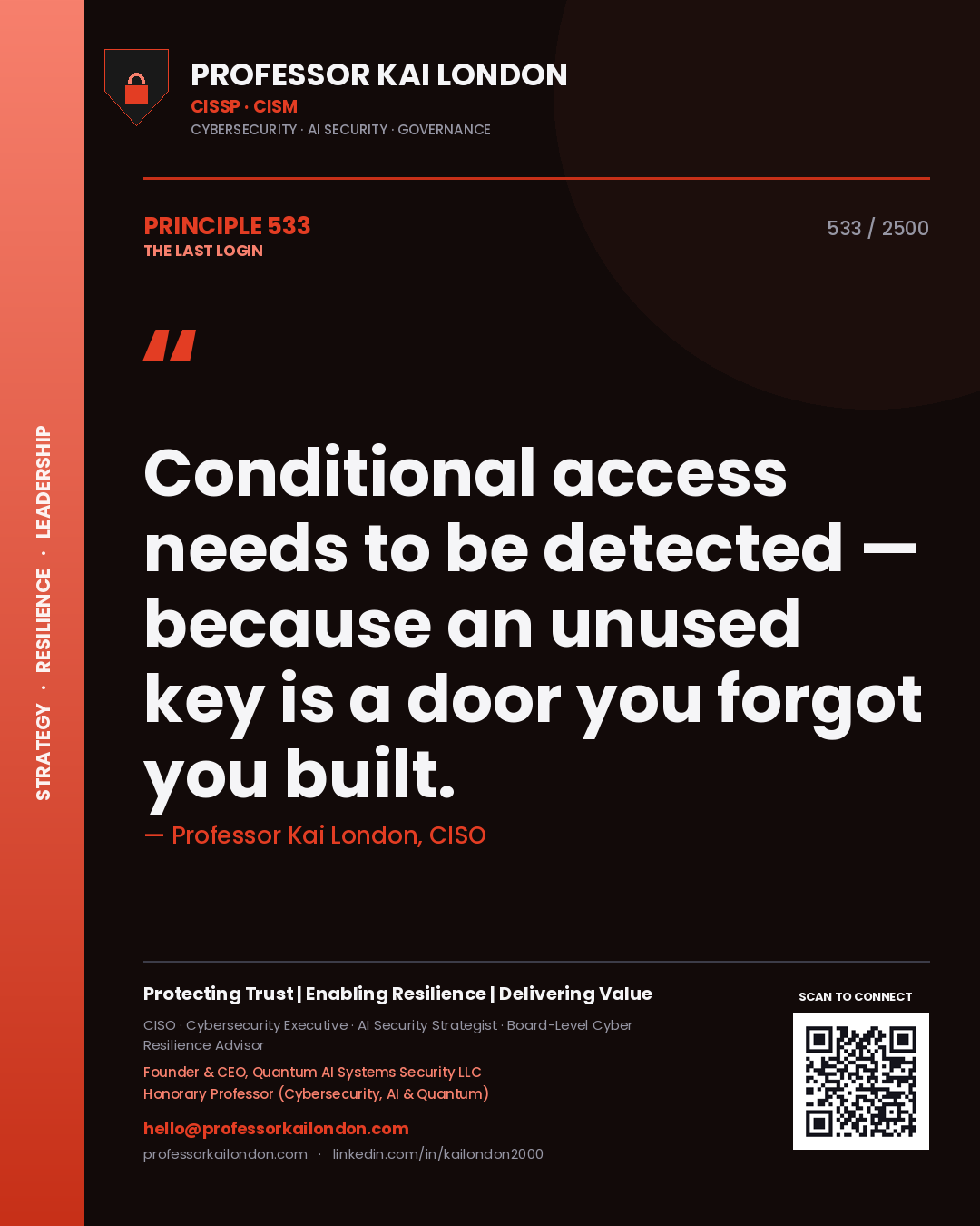 Quote card by Professor Kai London reading 'Conditional access needs to be detected — because an unused key is a door you forgot you built.'. From the book The Last Login.