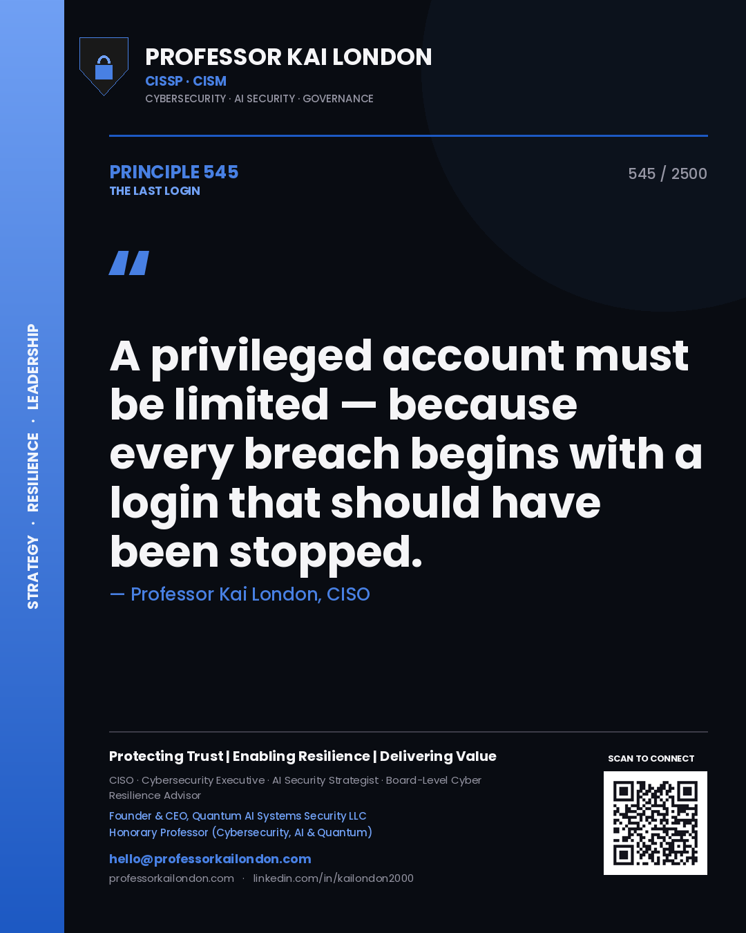 Quote card by Professor Kai London reading 'A privileged account must be limited — because every breach begins with a login that should have been stopped.'. From the book The Last Login.