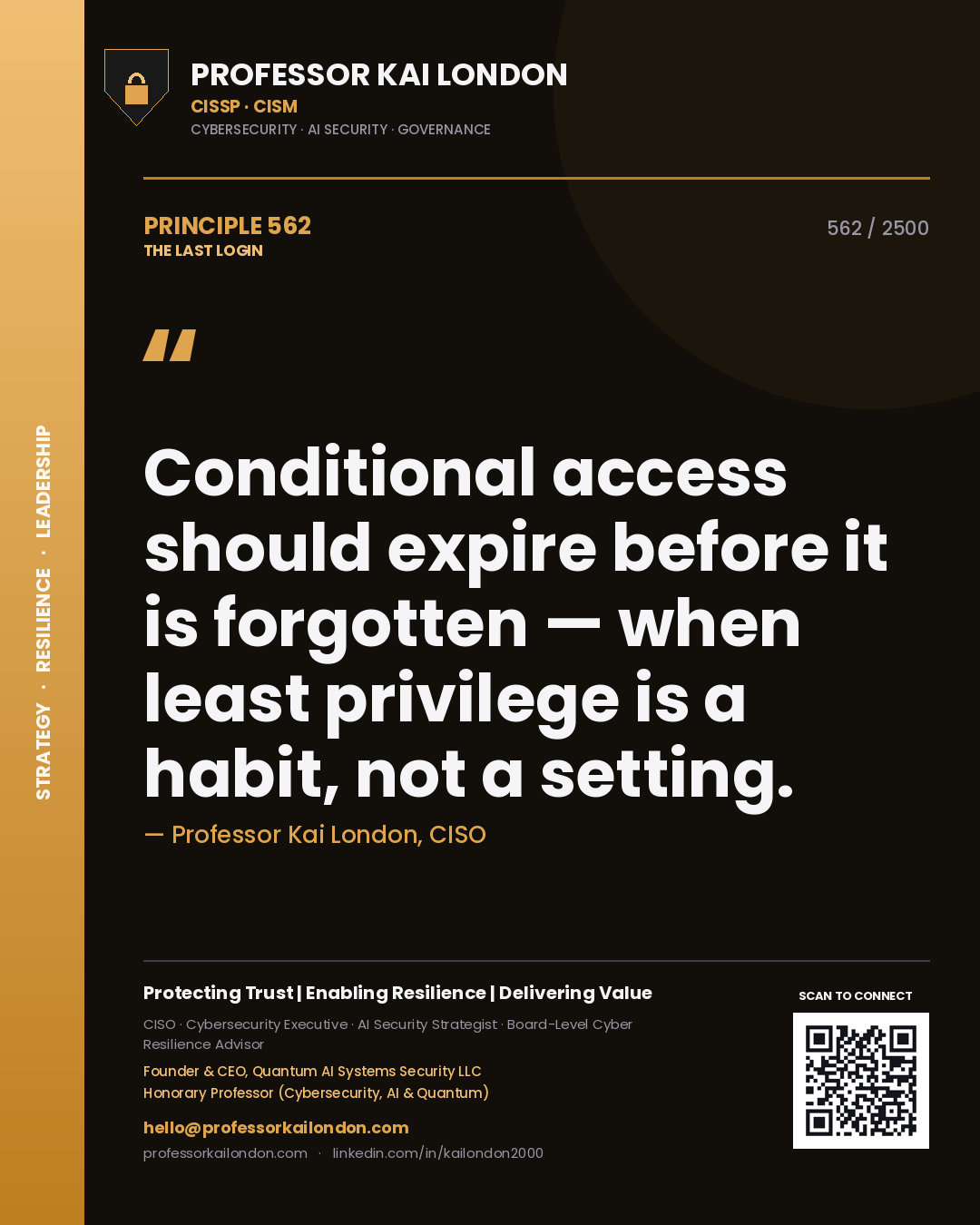 Quote card by Professor Kai London reading 'Conditional access should expire before it is forgotten — when least privilege is a habit, not a setting.'. From the book The Last Login.