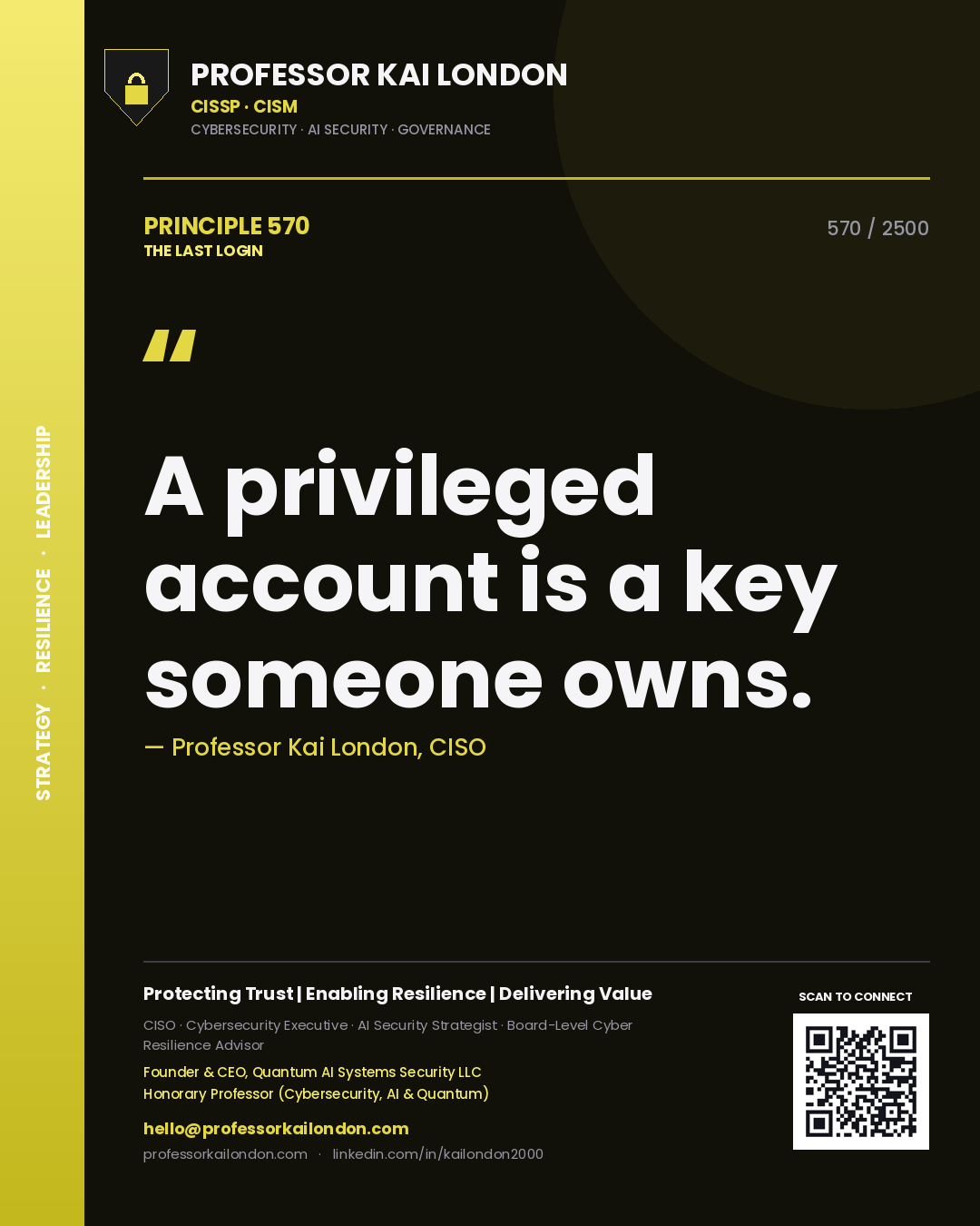 Quote card by Professor Kai London reading 'A privileged account is a key someone owns.'. From the book The Last Login.