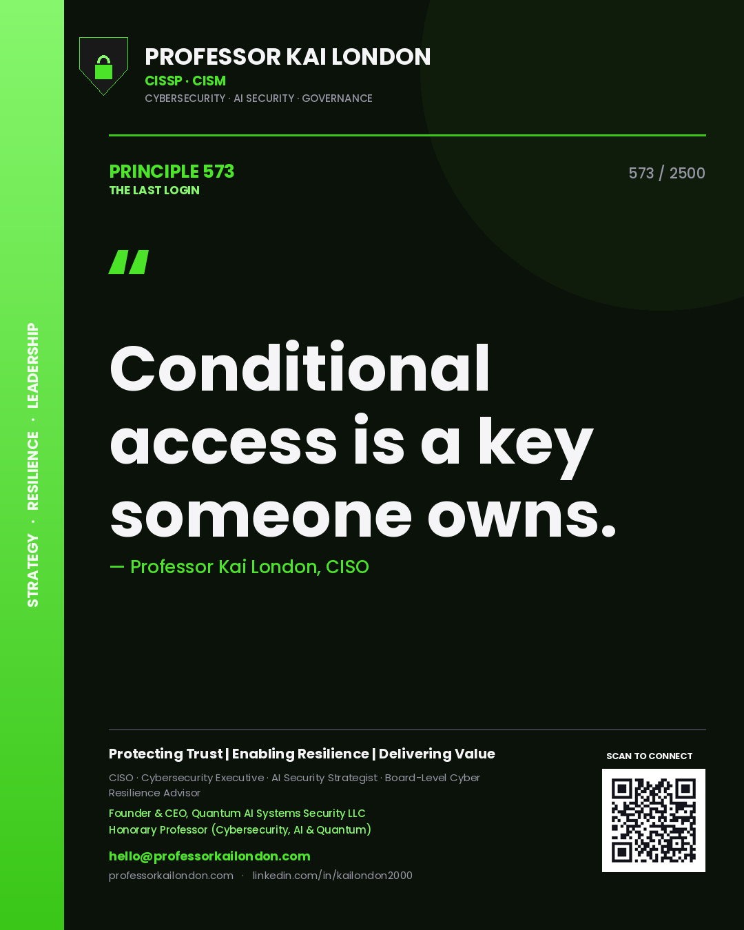 Quote card by Professor Kai London reading 'Conditional access is a key someone owns.'. From the book The Last Login.